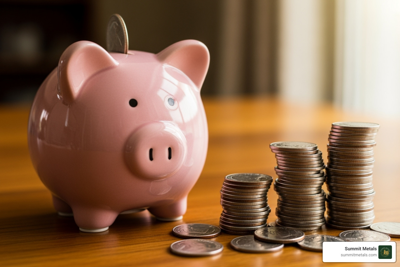 A piggy bank next to a stack of silver coins - cheapest online silver dealers