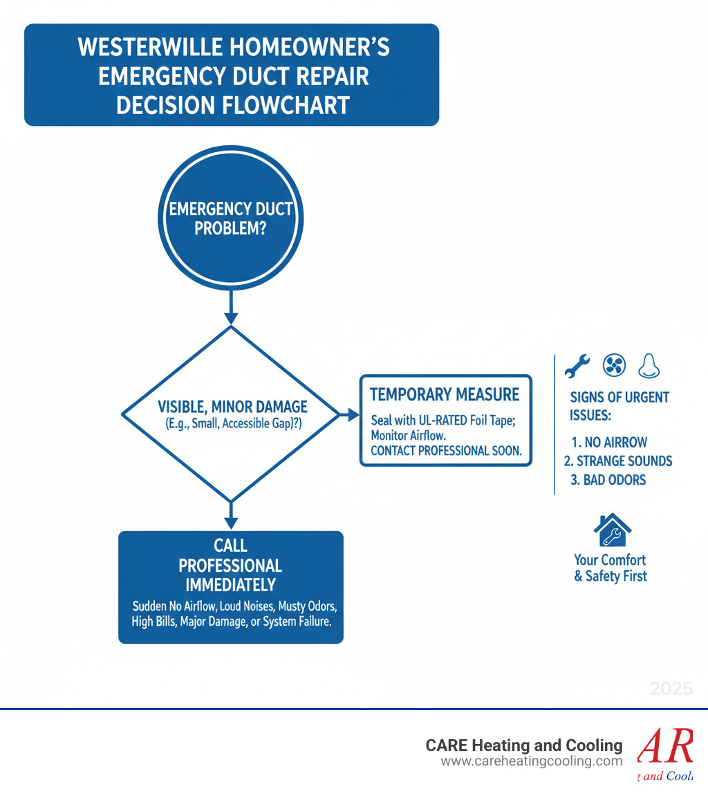 Emergency duct repair decision flowchart showing when to call professionals vs temporary measures for Westerville homeowners - duct repair westerville infographic  Emergency duct repair decision flowchart showing when to call professionals vs temporary measures for Westerville homeowners - duct repair westerville infographic