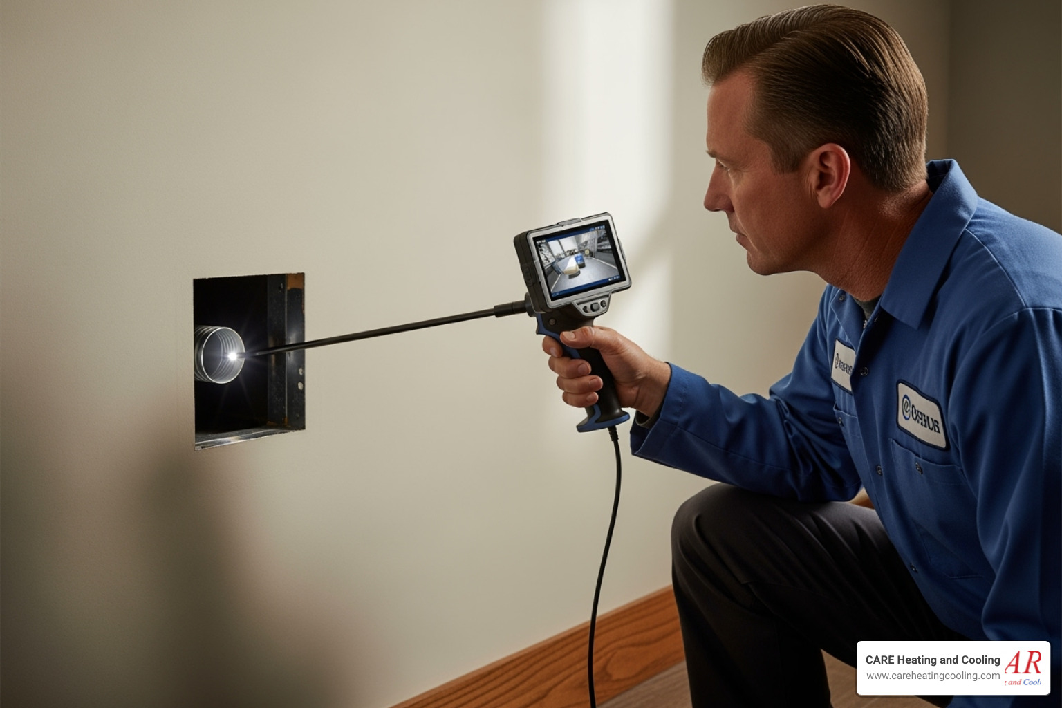 A CARE Heating and Cooling technician using a camera to inspect residential ductwork - duct repair westerville A CARE Heating and Cooling technician using a camera to inspect residential ductwork - duct repair westerville