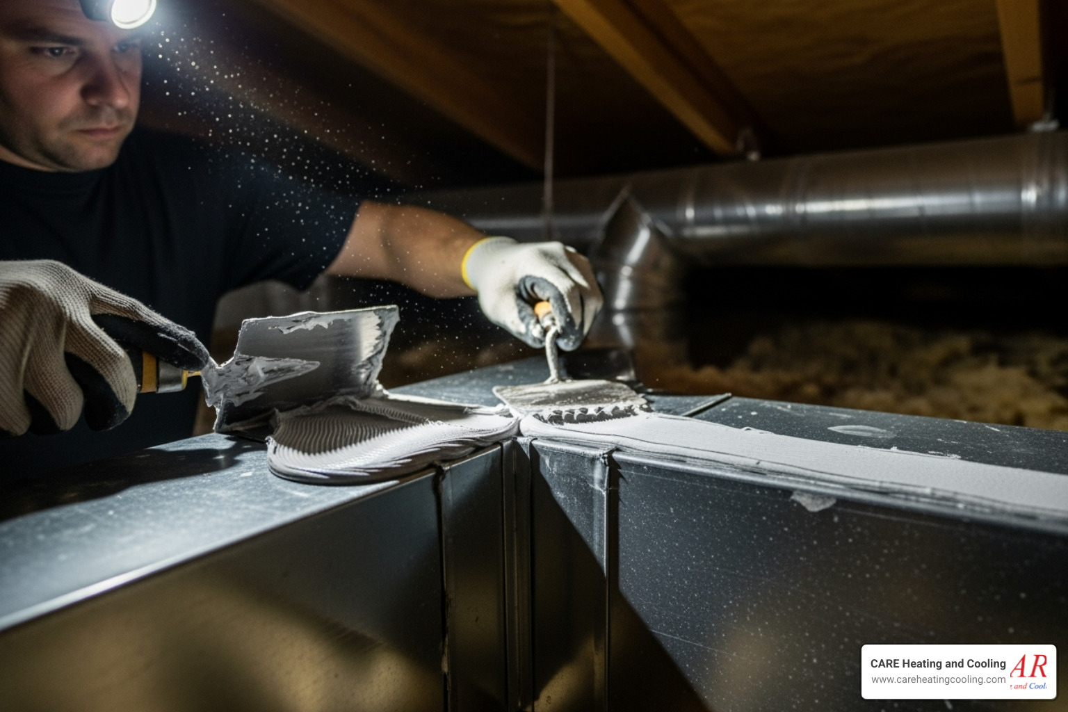 A technician applying mastic sealant to a duct joint for improved energy efficiency - duct repair westerville A technician applying mastic sealant to a duct joint for improved energy efficiency - duct repair westerville