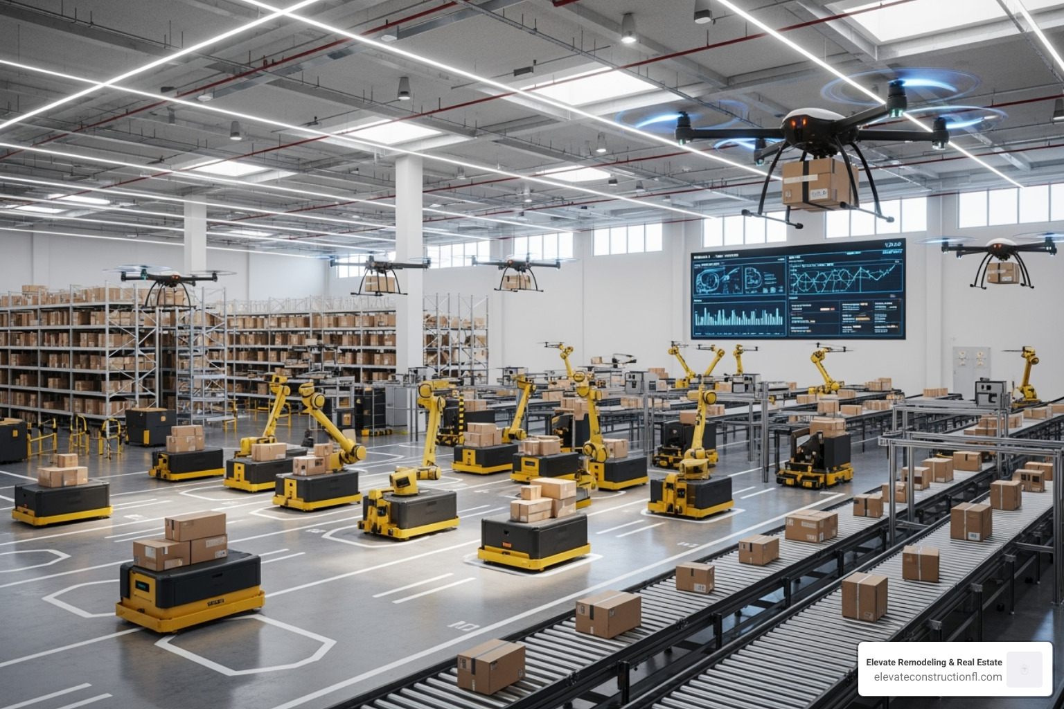 A modern logistics warehouse with automated systems and delivery drones, highlighting efficiency and advanced technology - investment company real estate A modern logistics warehouse with automated systems and delivery drones, highlighting efficiency and advanced technology - investment company real estate