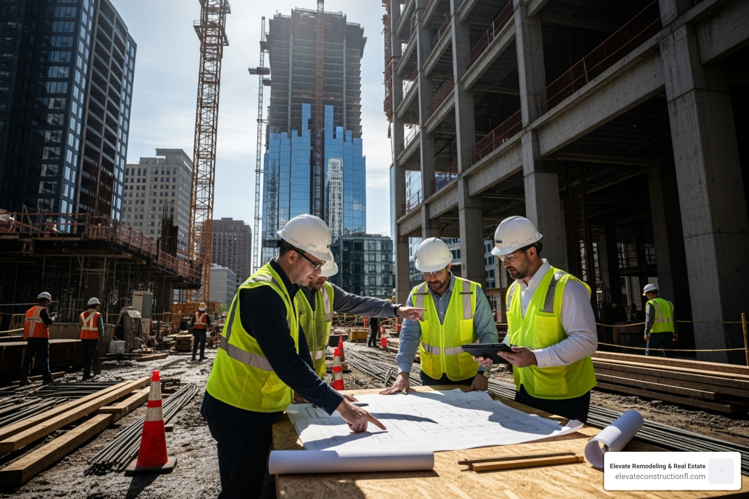 A construction site with managers in hard hats reviewing blueprints, discussing progress and safety protocols - investment company real estate A construction site with managers in hard hats reviewing blueprints, discussing progress and safety protocols - investment company real estate
