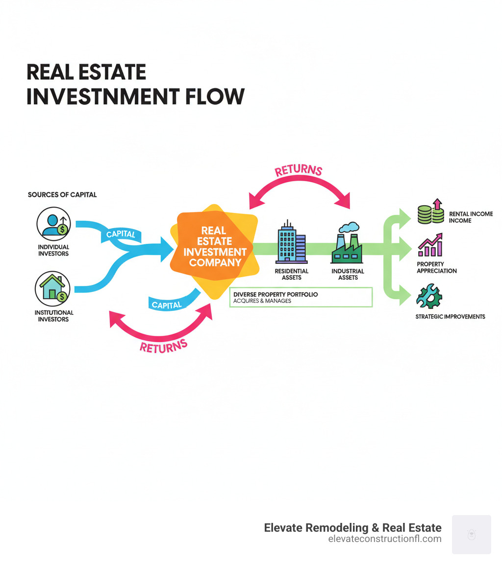 Detailed infographic showing the investment flow: Individual and institutional investors provide capital to real estate investment company, which then acquires and manages diverse property portfolio including residential, commercial, and industrial assets, generating returns through rental income, property appreciation, and strategic improvements that flow back to investors - investment company real estate infographic Detailed infographic showing the investment flow: Individual and institutional investors provide capital to real estate investment company, which then acquires and manages diverse property portfolio including residential, commercial, and industrial assets, generating returns through rental income, property appreciation, and strategic improvements that flow back to investors - investment company real estate infographic