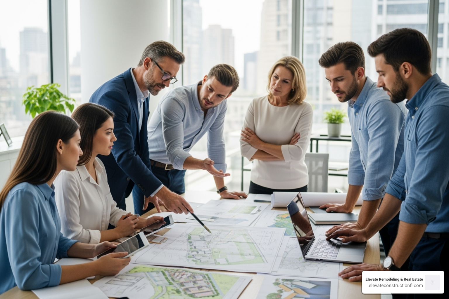 A team of professionals analyzing a property development plan, pointing at blueprints and discussing strategies - investment company real estate A team of professionals analyzing a property development plan, pointing at blueprints and discussing strategies - investment company real estate