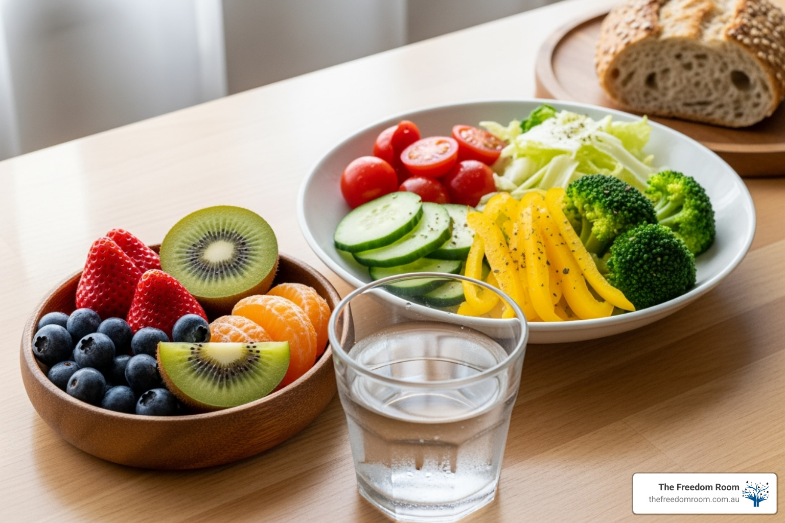 Nutritious foods like fruits, vegetables, and whole grains alongside a glass of water - alcohol detox remedies at home