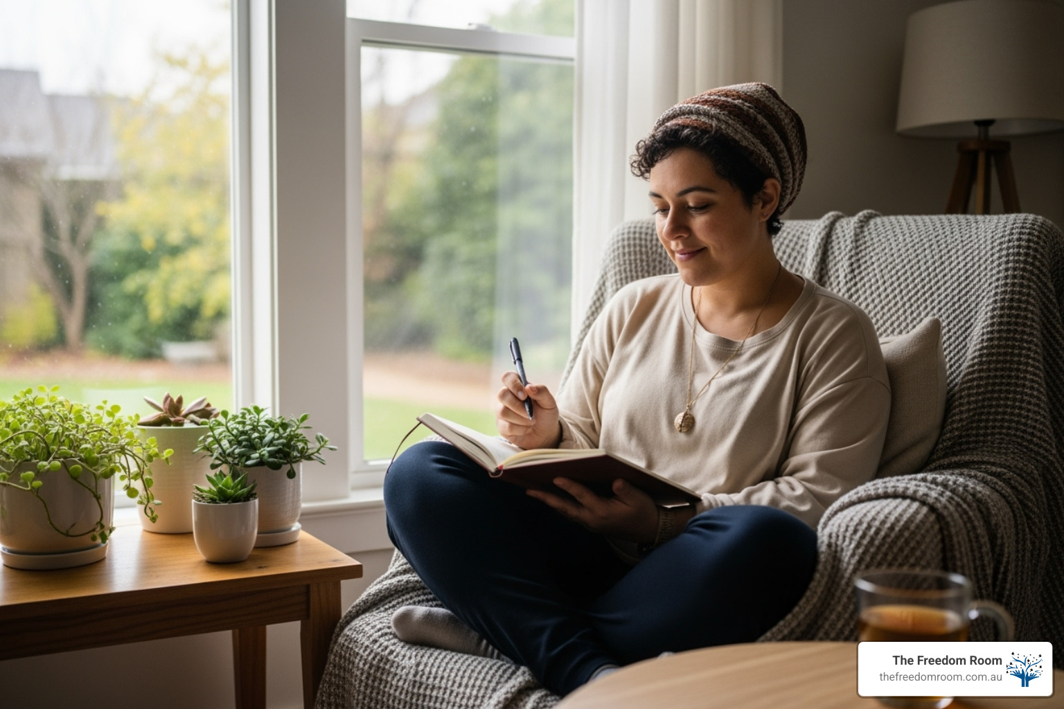 A person wearing a beanie sits in a sunlit armchair by a window, writing in a notebook next to potted plants and a mug of tea. - alcohol detox remedies at home
