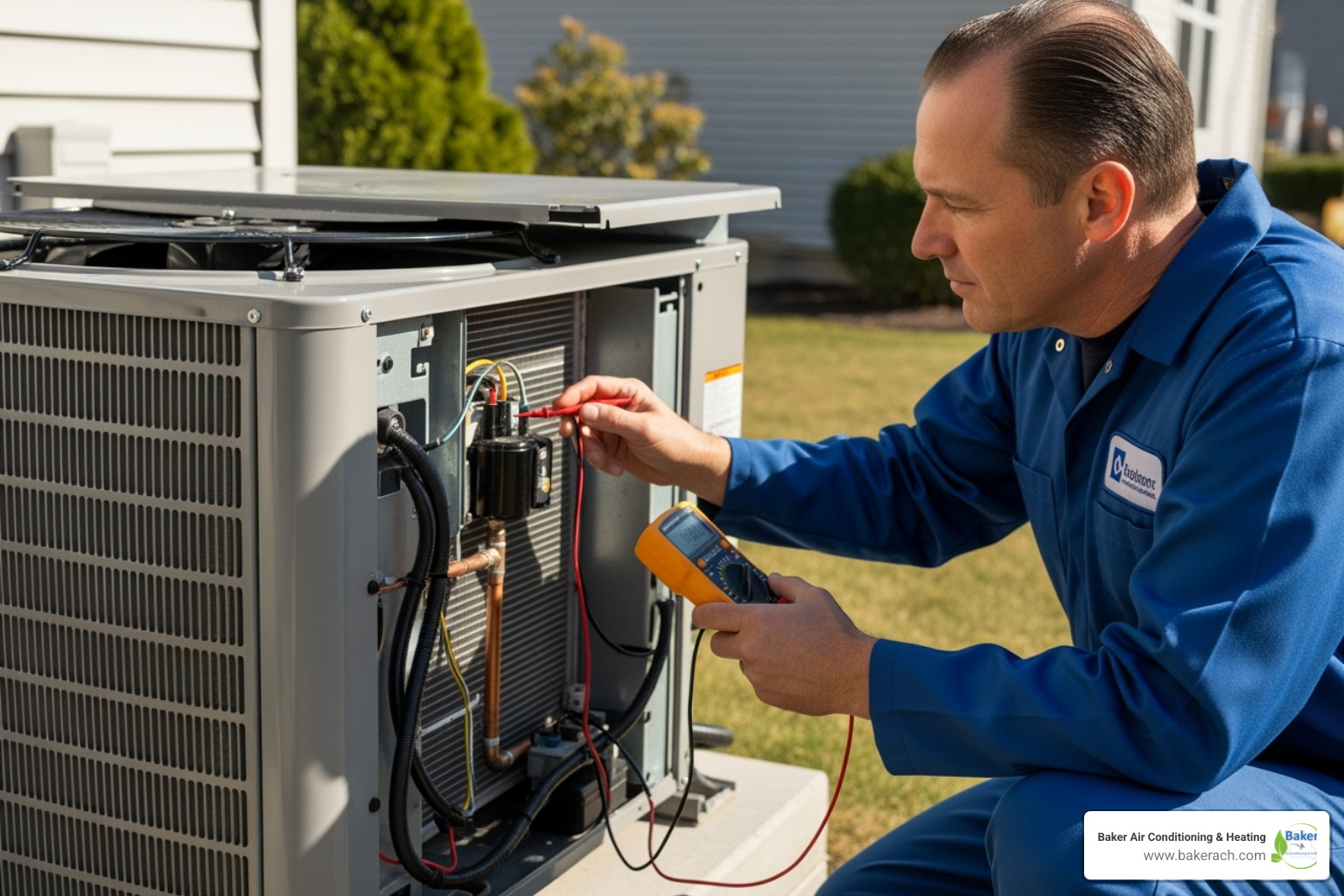 A professional HVAC technician is inspecting the outdoor unit of an air conditioning system, checking connections and components with a tool. - annual hvac service sunrise beach mo A professional HVAC technician is inspecting the outdoor unit of an air conditioning system, checking connections and components with a tool. - annual hvac service sunrise beach mo