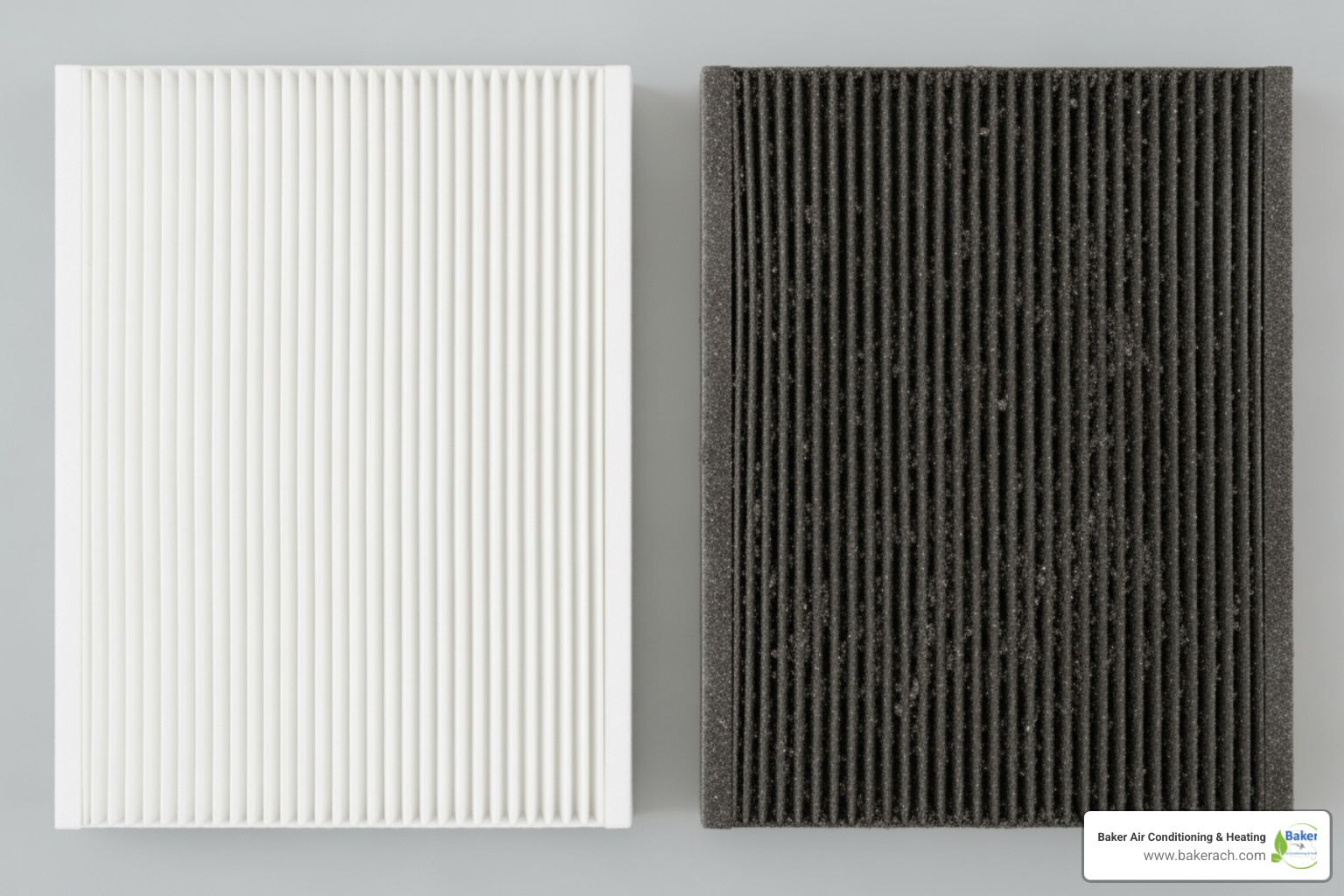 A side-by-side comparison of a clean, new air filter next to a heavily soiled, clogged air filter, emphasizing the importance of filter replacement. - annual hvac service sunrise beach mo A side-by-side comparison of a clean, new air filter next to a heavily soiled, clogged air filter, emphasizing the importance of filter replacement. - annual hvac service sunrise beach mo