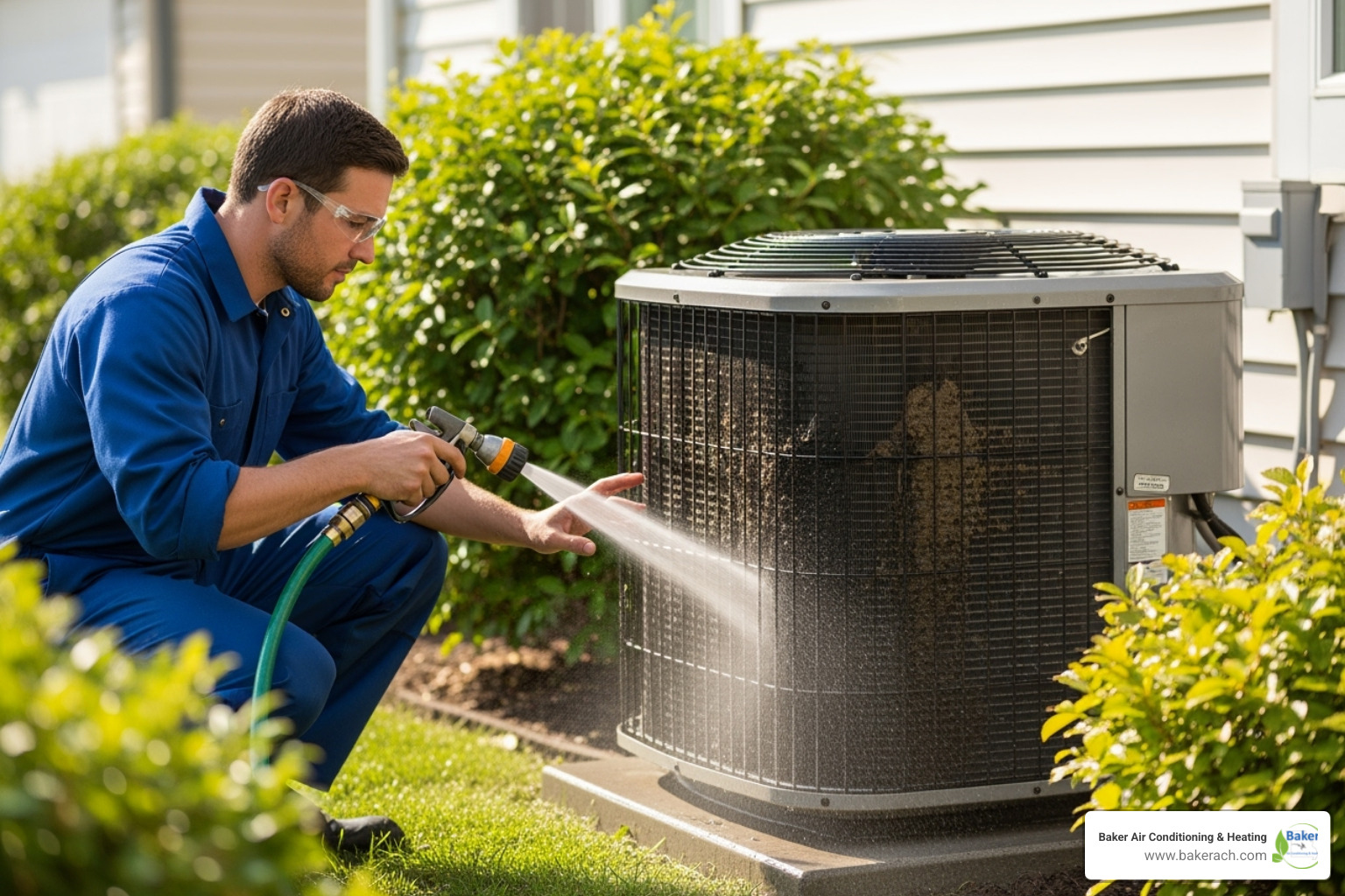 HVAC technician cleaning outdoor AC unit - hvac maintenance plan sunrise beach mo HVAC technician cleaning outdoor AC unit - hvac maintenance plan sunrise beach mo