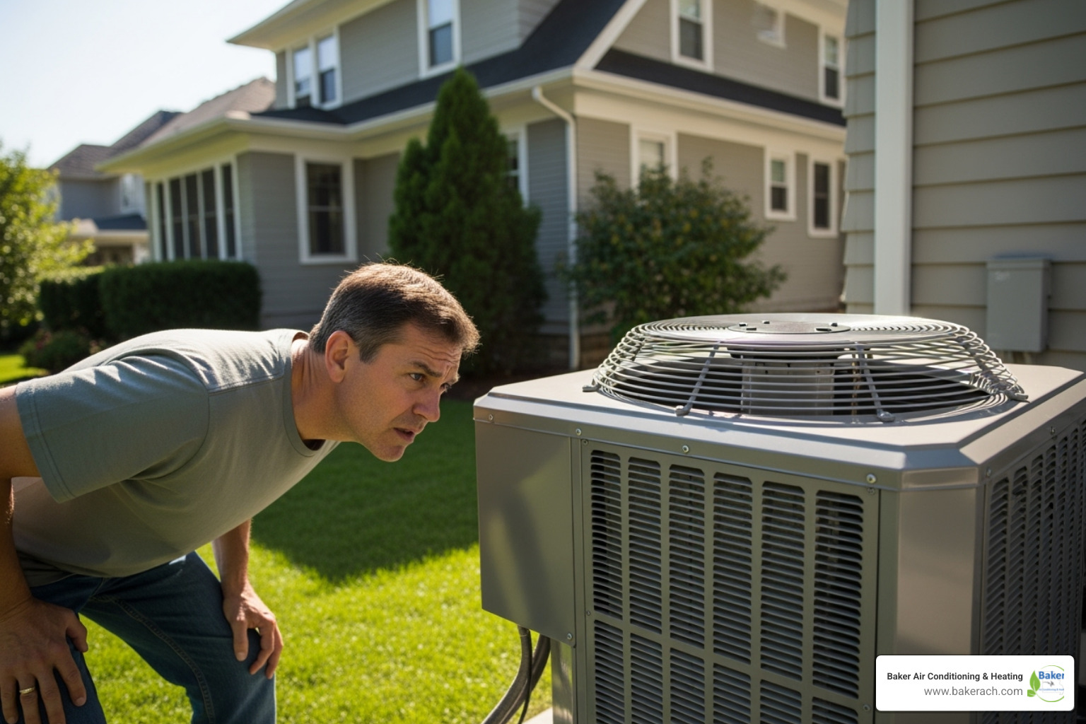 Homeowner listening to noisy HVAC unit - hvac maintenance plan sunrise beach mo Homeowner listening to noisy HVAC unit - hvac maintenance plan sunrise beach mo