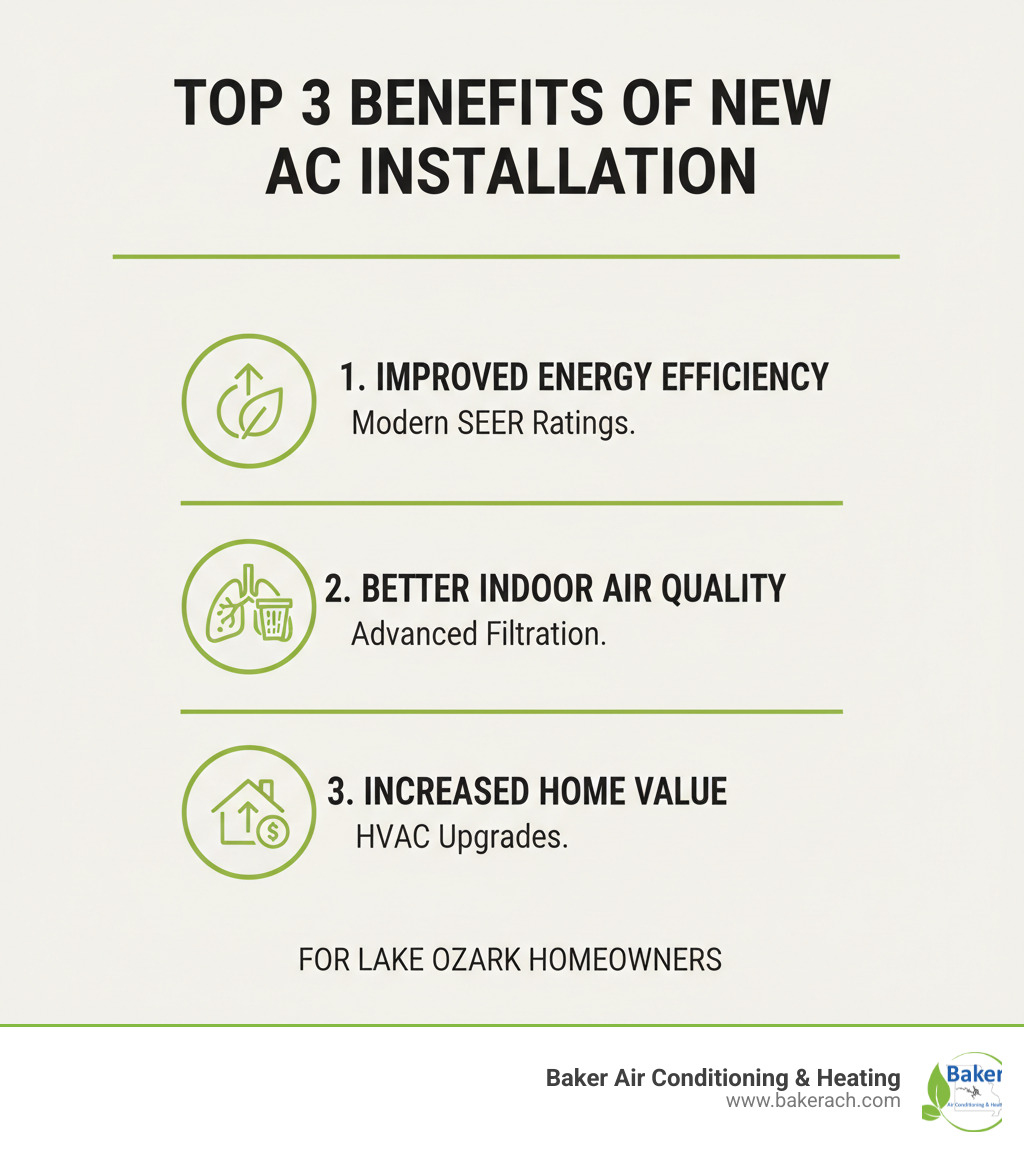 Infographic showing the top 3 benefits of new AC unit installation: improved energy efficiency with modern SEER ratings, better indoor air quality through advanced filtration systems, and increased home value through modern HVAC upgrades - new ac unit installation lake ozark infographic Infographic showing the top 3 benefits of new AC unit installation: improved energy efficiency with modern SEER ratings, better indoor air quality through advanced filtration systems, and increased home value through modern HVAC upgrades - new ac unit installation lake ozark infographic