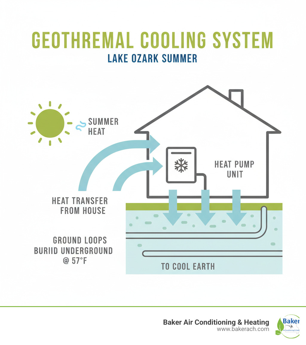 Infographic showing geothermal cooling system components: ground loops buried underground at 57°F, heat pump unit inside home, and arrows showing heat transfer from house to cool earth during summer months - geothermal cooling installation lake ozark infographic Infographic showing geothermal cooling system components: ground loops buried underground at 57°F, heat pump unit inside home, and arrows showing heat transfer from house to cool earth during summer months - geothermal cooling installation lake ozark infographic