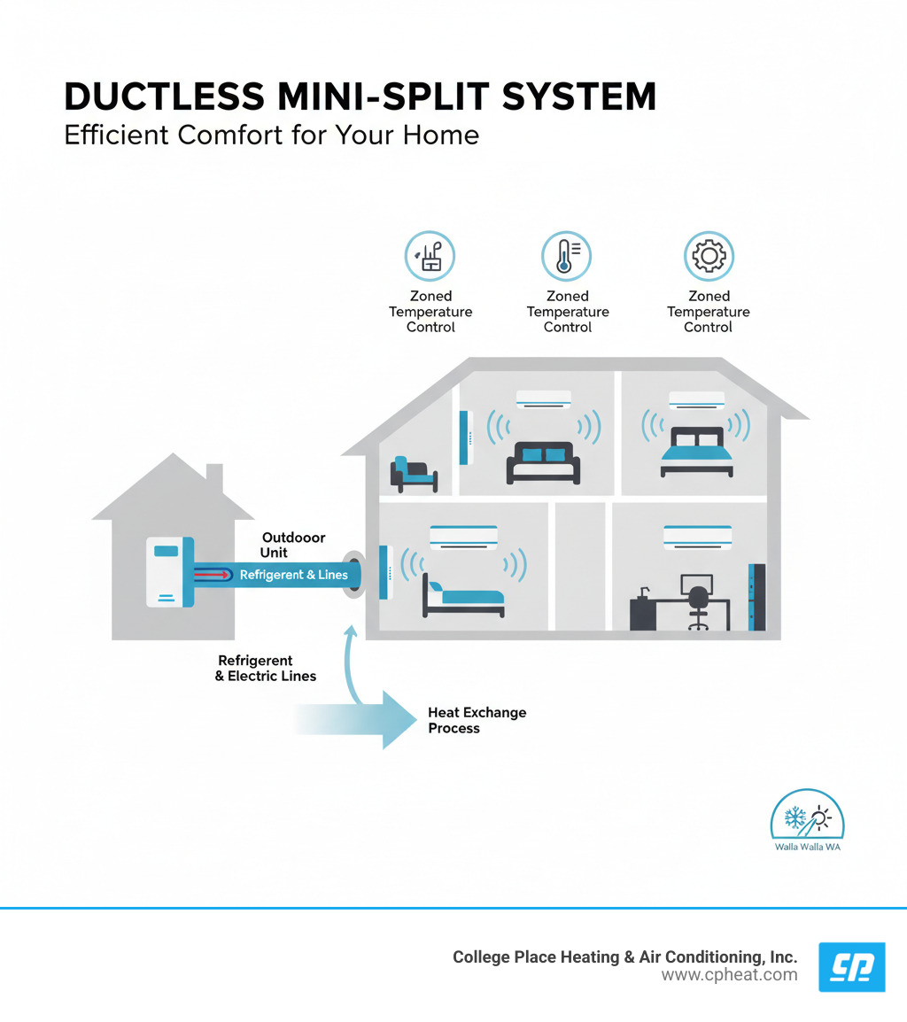 Infographic showing ductless mini-split system components including outdoor compressor unit, indoor air handler, refrigerant lines, and electrical connections, with arrows indicating airflow and temperature control zones throughout a home - ductless ac installation walla walla wa infographic 