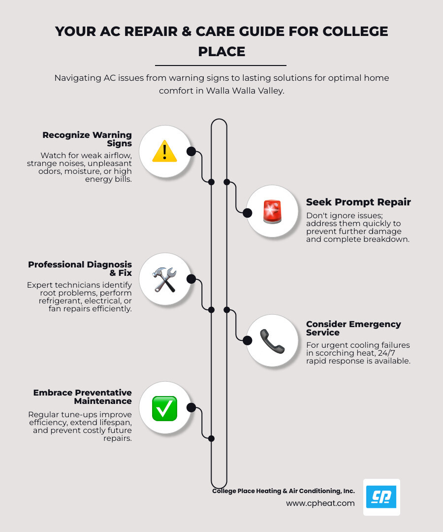 Comprehensive infographic showing AC repair process in College Place WA including common warning signs like weak airflow and unusual noises, emergency service availability, diagnostic steps, and maintenance benefits for optimal cooling performance - ac repair college place wa infographic infographic-line-5-steps-neat_beige Comprehensive infographic showing AC repair process in College Place WA including common warning signs like weak airflow and unusual noises, emergency service availability, diagnostic steps, and maintenance benefits for optimal cooling performance - ac repair college place wa infographic infographic-line-5-steps-neat_beige