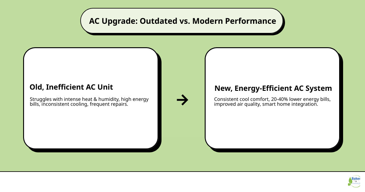 Infographic showing the progression from an old, inefficient AC unit struggling in summer heat to a new, energy-efficient system providing consistent cooling, with callouts for reduced energy bills, improved comfort, better air quality, and smart home integration capabilities - ac upgrade sunrise beach mo infographic cause_effect_text