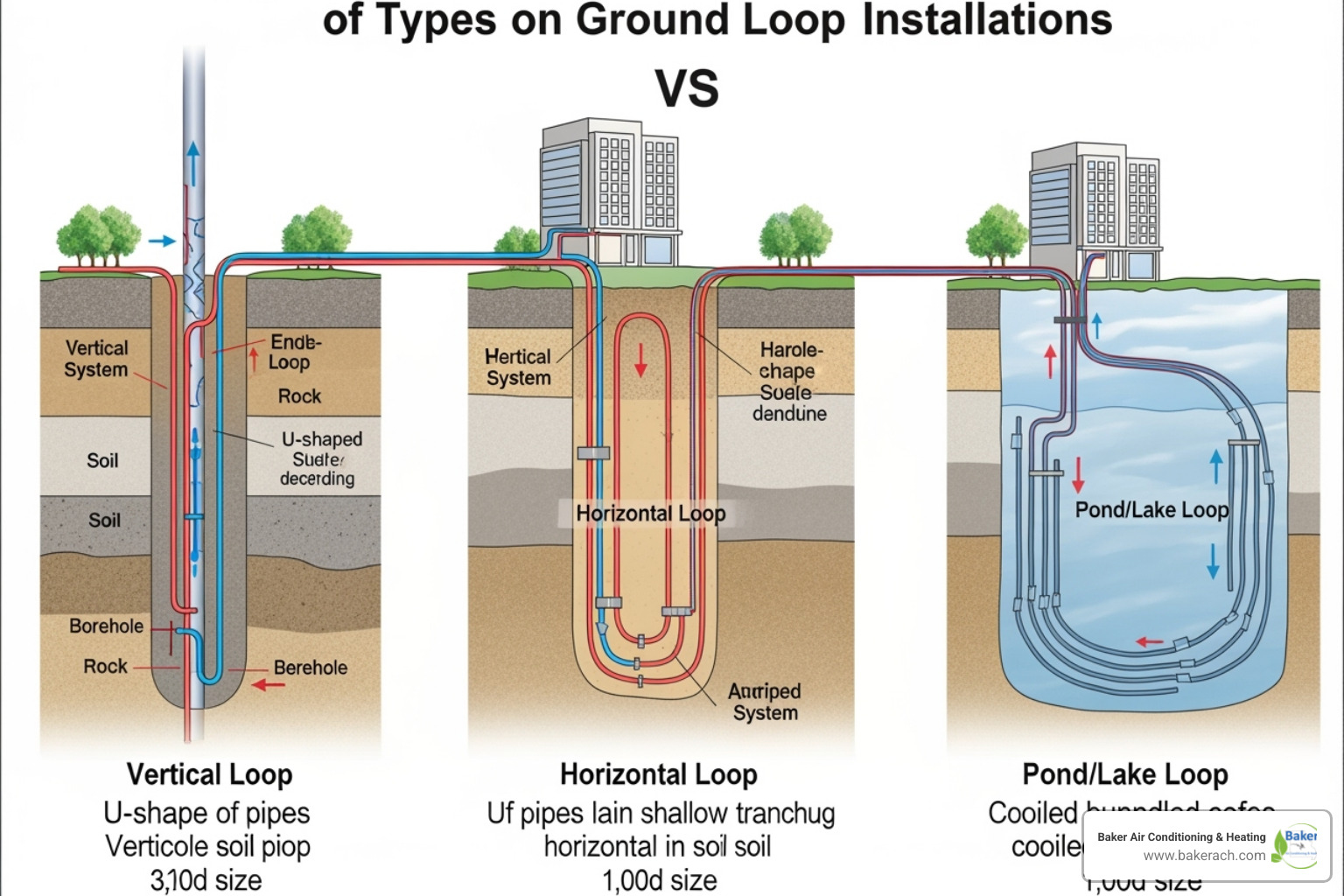diagram comparing vertical, horizontal, and pond/lake ground loops - geothermal cooling installation lake ozark diagram comparing vertical, horizontal, and pond/lake ground loops - geothermal cooling installation lake ozark