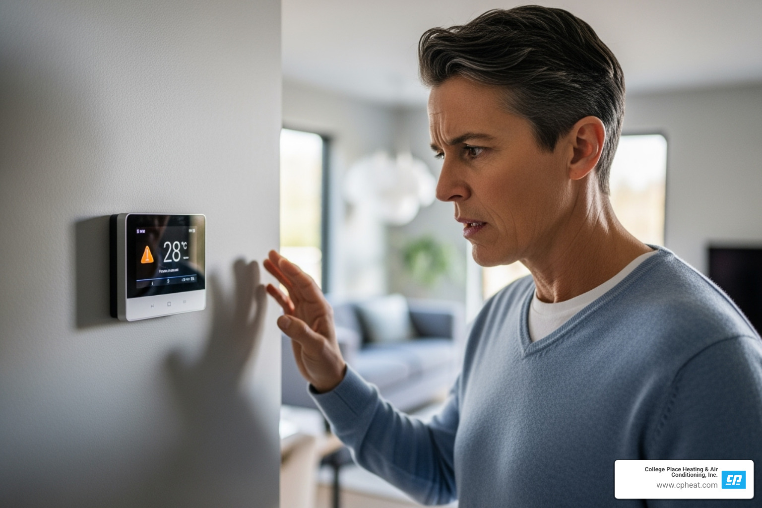 homeowner looking concerned at their thermostat - ac repair college place wa homeowner looking concerned at their thermostat - ac repair college place wa