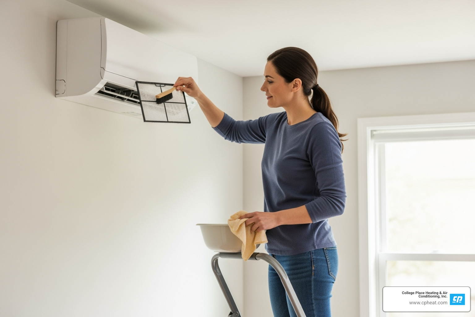 homeowner easily cleaning the filter of an indoor ductless unit - ductless ac installation walla walla wa