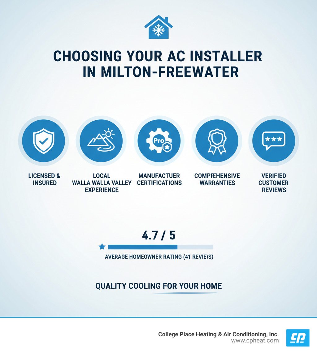 Infographic showing key factors for choosing the best AC installer in Milton-Freewater: Licensed and insured contractors, local experience in Walla Walla Valley climate, manufacturer certifications like Daikin Comfort Pro, comprehensive warranties on parts and labor, and verified customer reviews with high ratings - best ac installation milton freewater or infographic 