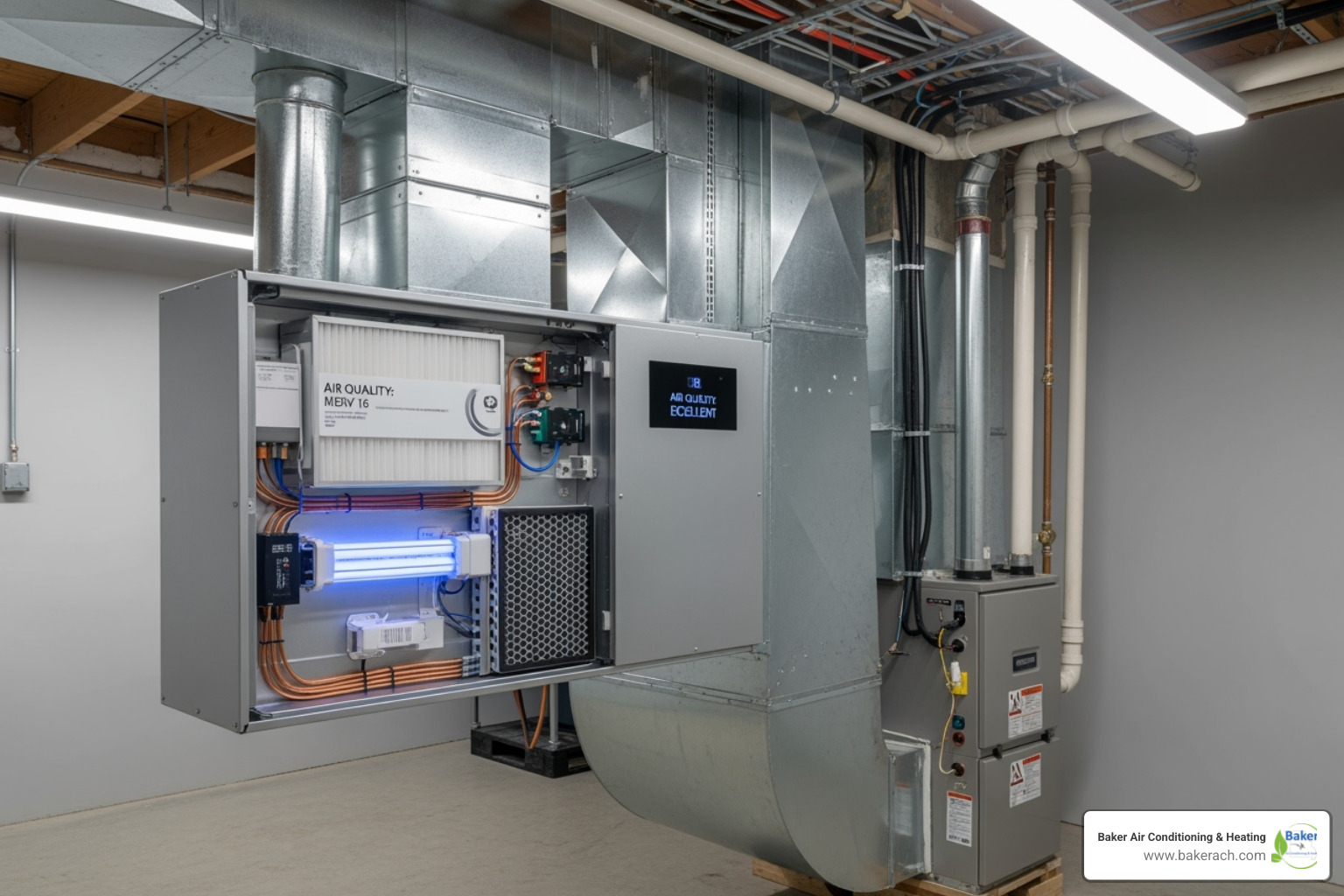 A sleek whole-home air purifier seamlessly integrated with an HVAC system, showcasing advanced filtration technology for clean indoor air - indoor air quality maintenance sunrise beach mo