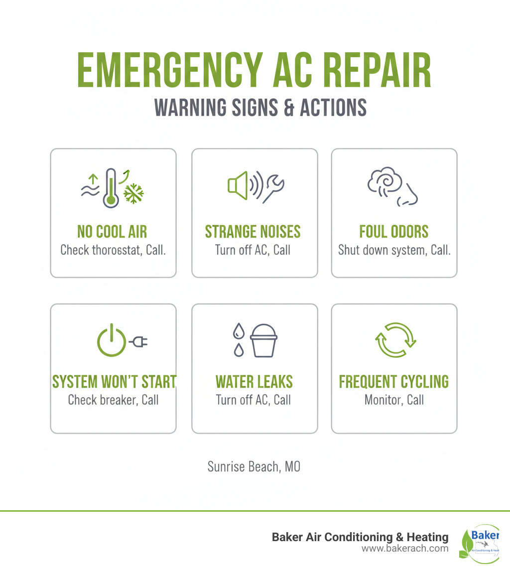 Infographic showing emergency AC repair warning signs including no cool air, strange noises, foul odors, system won't turn on, frequent cycling, and water leaks, with recommended immediate actions for each scenario - emergency ac repair sunrise beach infographic Infographic showing emergency AC repair warning signs including no cool air, strange noises, foul odors, system won't turn on, frequent cycling, and water leaks, with recommended immediate actions for each scenario - emergency ac repair sunrise beach infographic