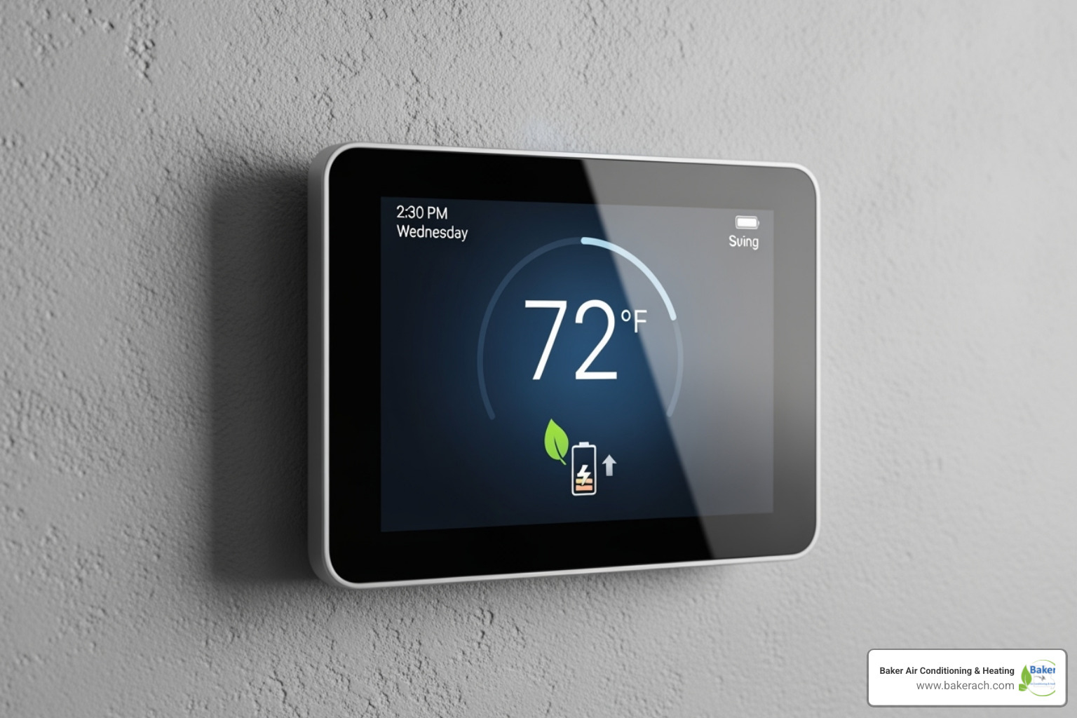 A smart thermostat displaying energy savings and a comfortable indoor temperature, symbolizing the financial and comfort benefits of optimized HVAC and IAQ systems - indoor air quality maintenance sunrise beach mo