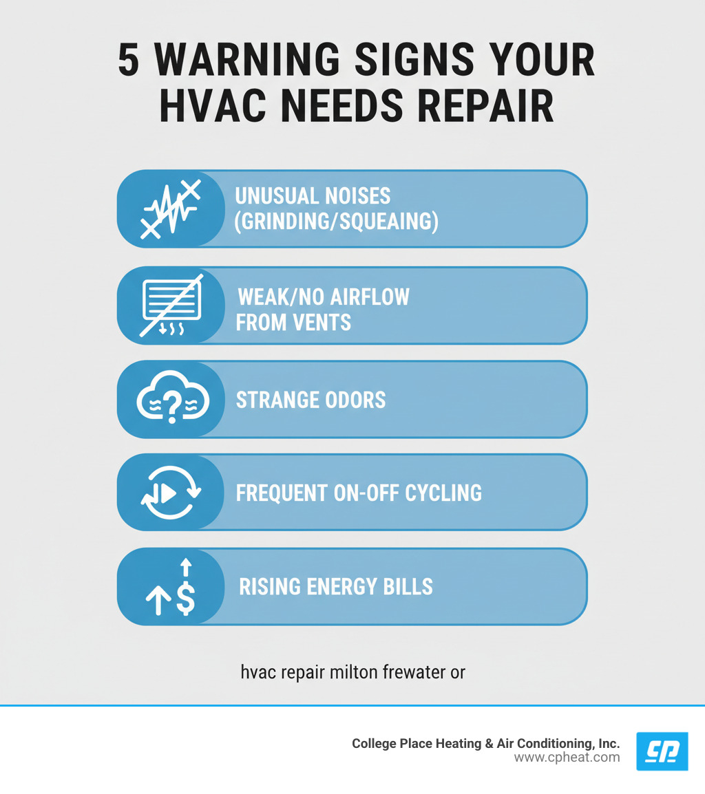Infographic showing the top 5 warning signs your HVAC system needs repair: unusual noises like grinding or squealing, weak or no airflow from vents, strange odors when system operates, frequent on-off cycling, and rising energy bills with normal usage patterns - hvac repair milton freewater or infographic 