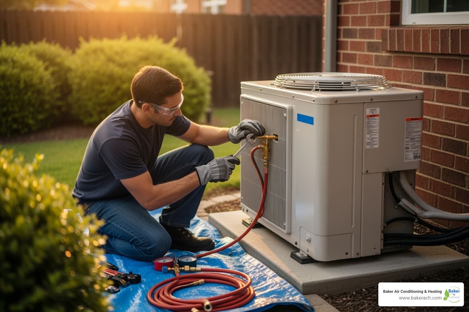 A professional HVAC technician carefully connecting refrigerant lines to an outdoor AC unit, ensuring a precise and secure installation - ac upgrade sunrise beach mo