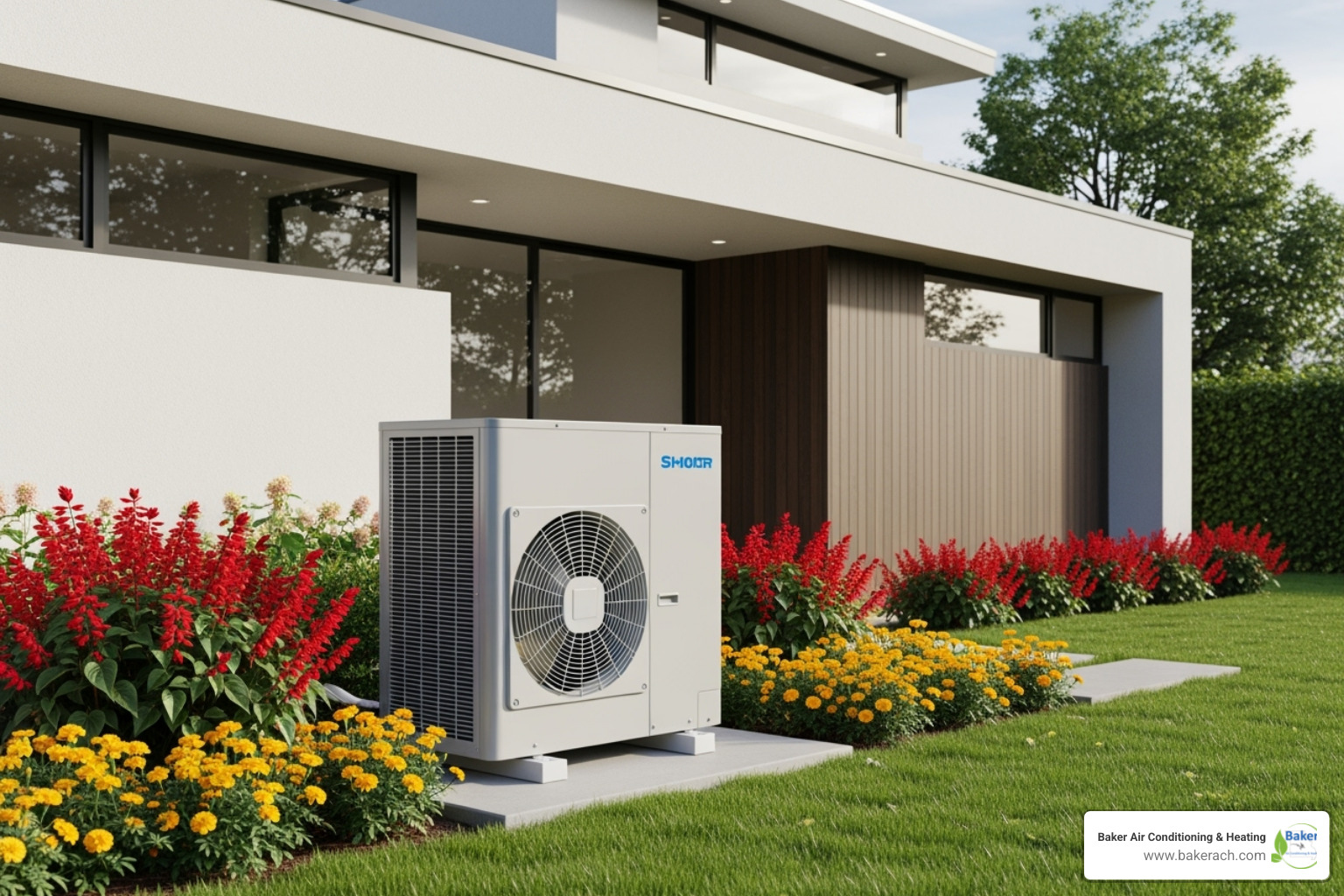 A modern, high-efficiency outdoor AC unit quietly operating next to a well-maintained home, with green landscaping - ac upgrade sunrise beach mo