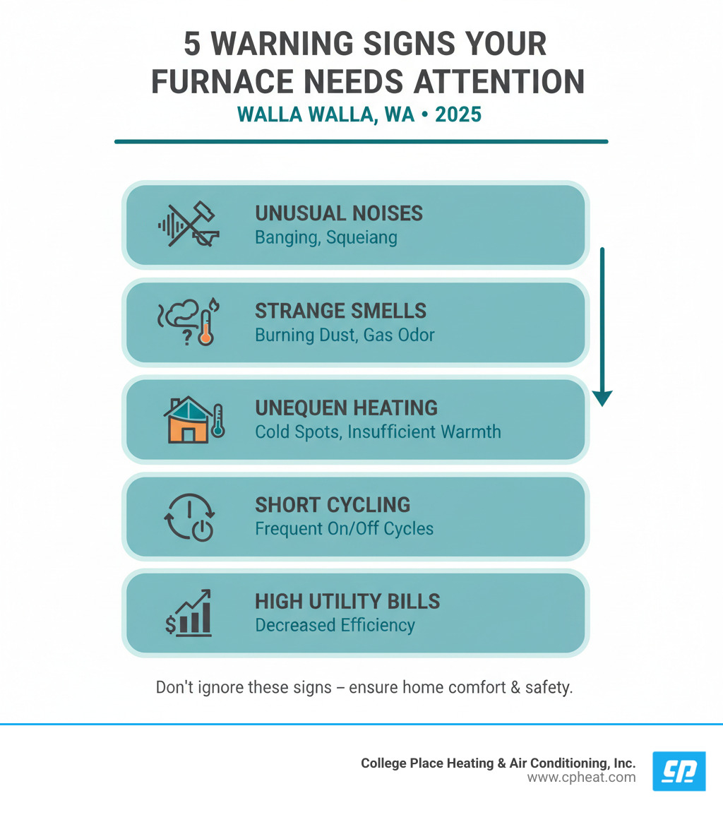 Infographic showing the top 5 warning signs that your furnace needs immediate attention in Walla Walla WA: unusual noises like banging or squealing, strange smells including burning dust or gas odors, insufficient or uneven heating throughout the home, short cycling where the furnace turns on and off frequently, and unexpectedly high utility bills indicating decreased efficiency - furnace repair walla walla wa infographic 