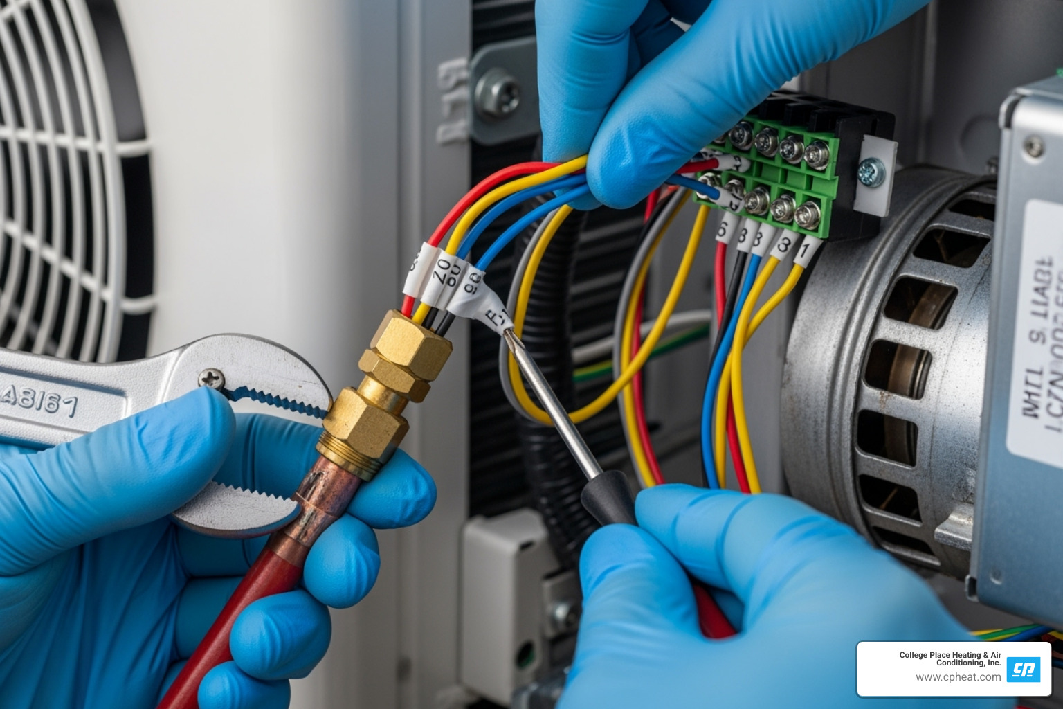 A close-up image showing complex AC wiring and refrigerant lines with a technician's gloved hands making connections, emphasizing the intricate and specialized nature of the work - best ac installation milton freewater or