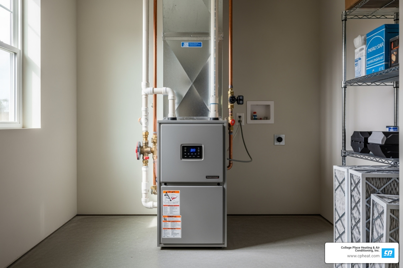 A new, high-efficiency furnace installed in a clean utility space, symbolizing energy savings and modern comfort. - furnace repair walla walla wa