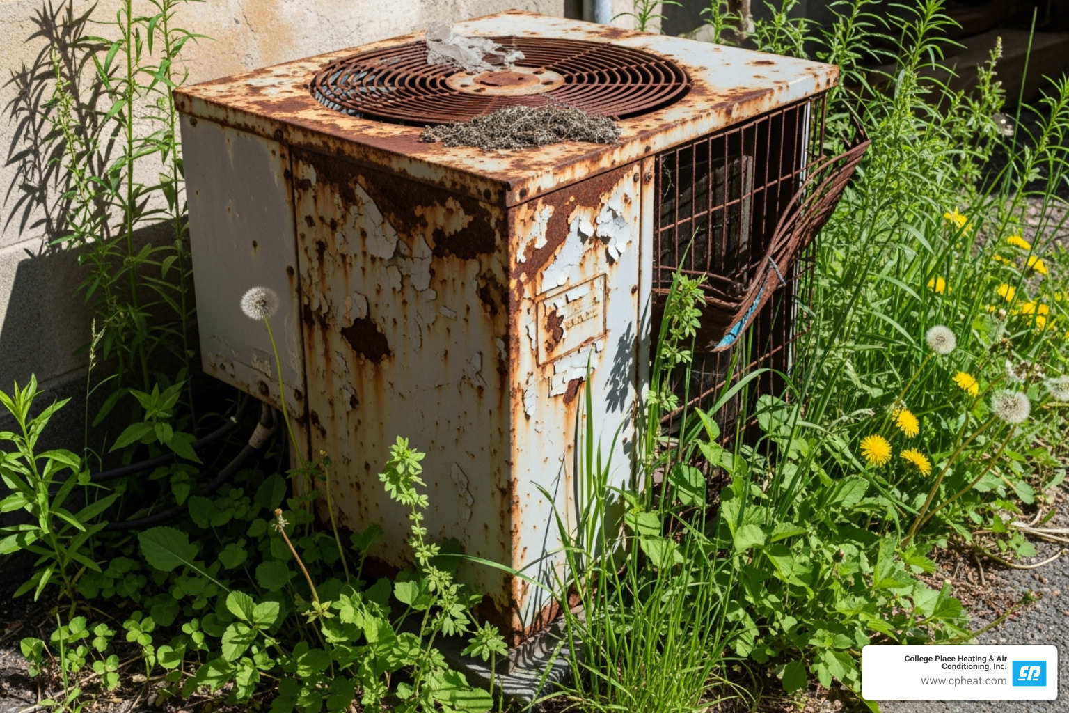 An old, corroded outdoor air conditioning unit with visible signs of wear and tear, surrounded by overgrown weeds - best ac installation milton freewater or