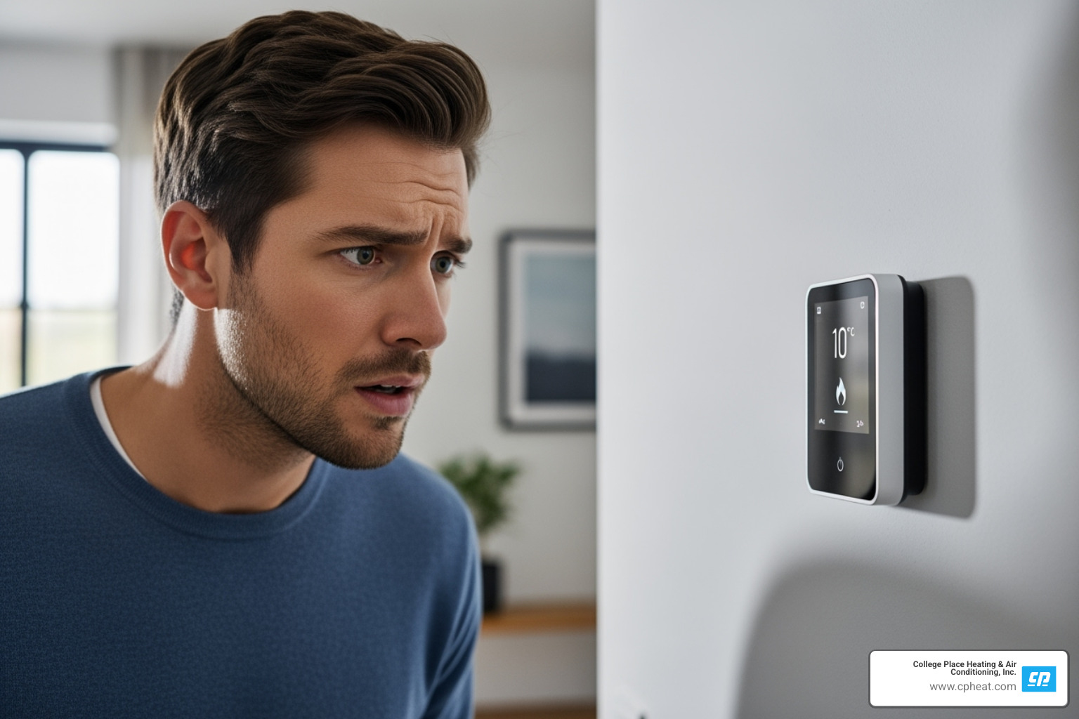 A homeowner looking at their thermostat with a concerned expression, indicating a potential furnace issue. - furnace repair walla walla wa