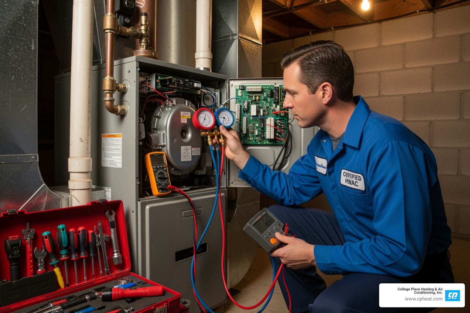 A certified HVAC technician professionally diagnosing a furnace issue with specialized tools. - furnace repair walla walla wa