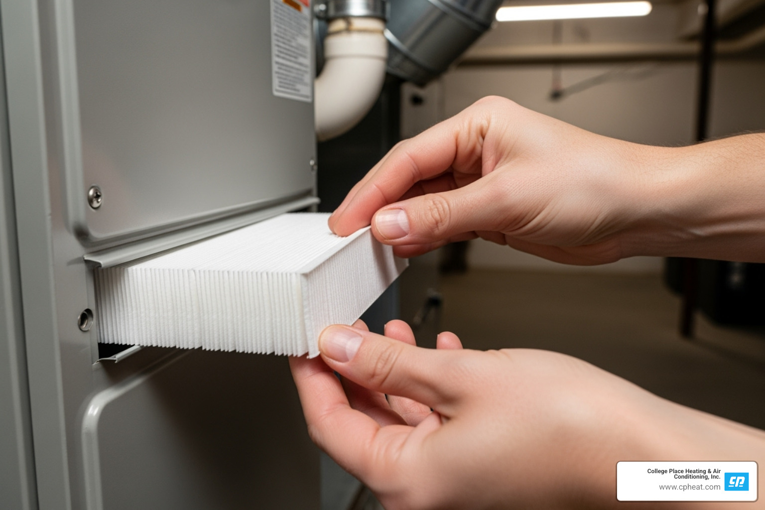 Homeowner changing a clean air filter in their furnace - hvac repair milton freewater or