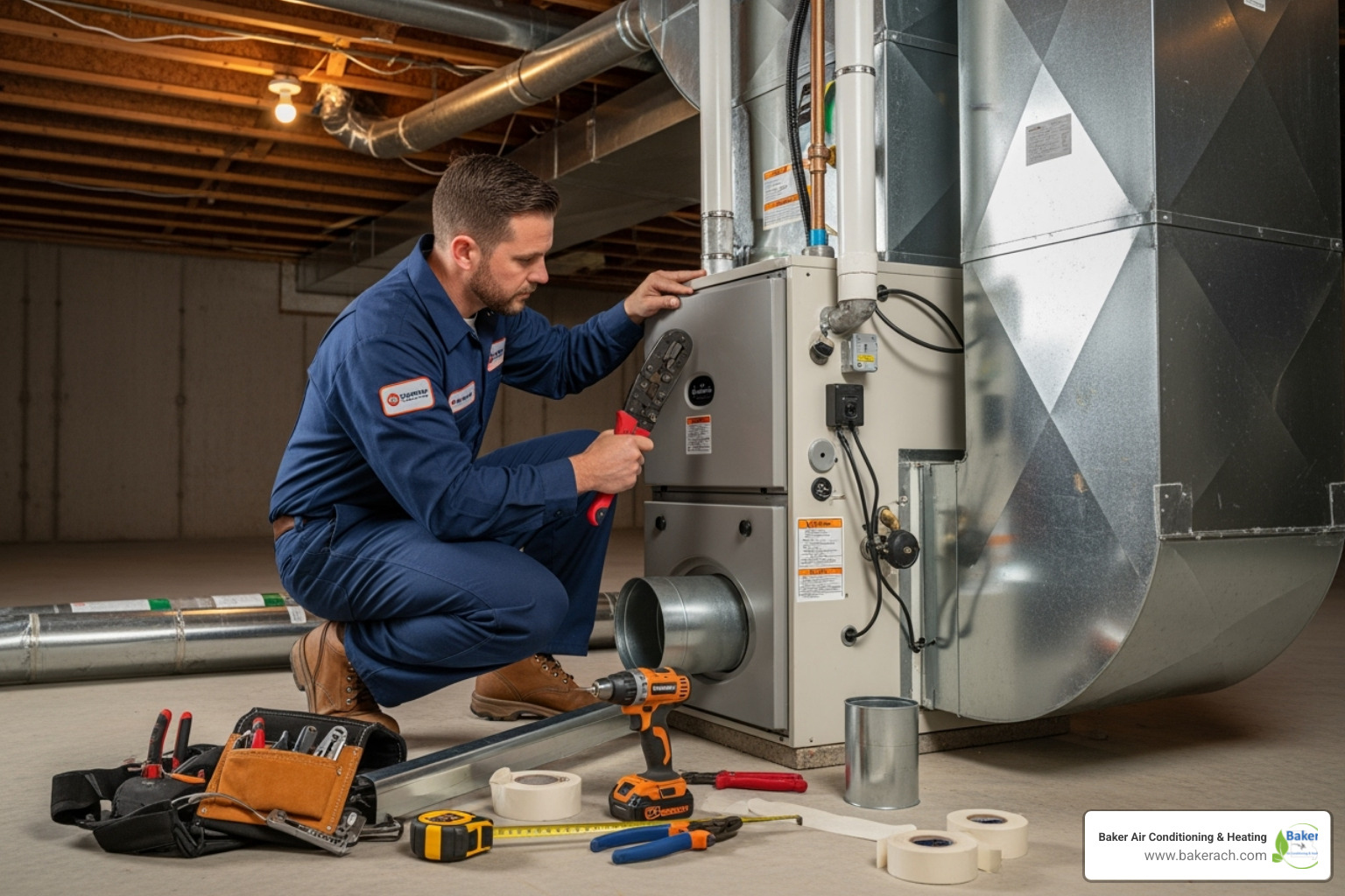 Certified HVAC technician carefully installing a new furnace unit in a residential basement - furnace installation lake ozark Certified HVAC technician carefully installing a new furnace unit in a residential basement - furnace installation lake ozark