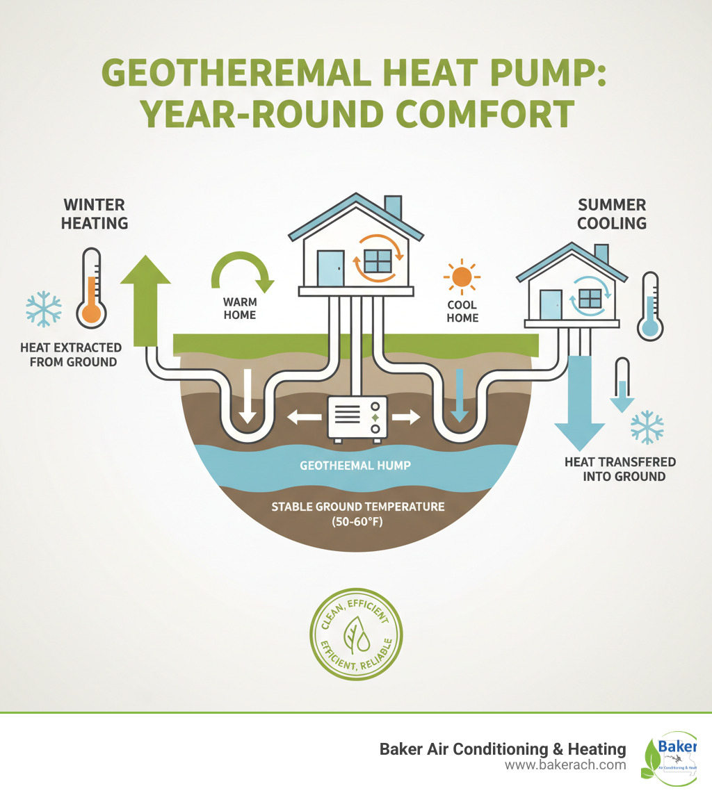 Infographic showing how geothermal heat pumps work by using underground loops to extract stable ground temperature for heating in winter and cooling in summer, with arrows showing heat transfer between home and ground - geothermal contractor sunrise beach mo infographic 