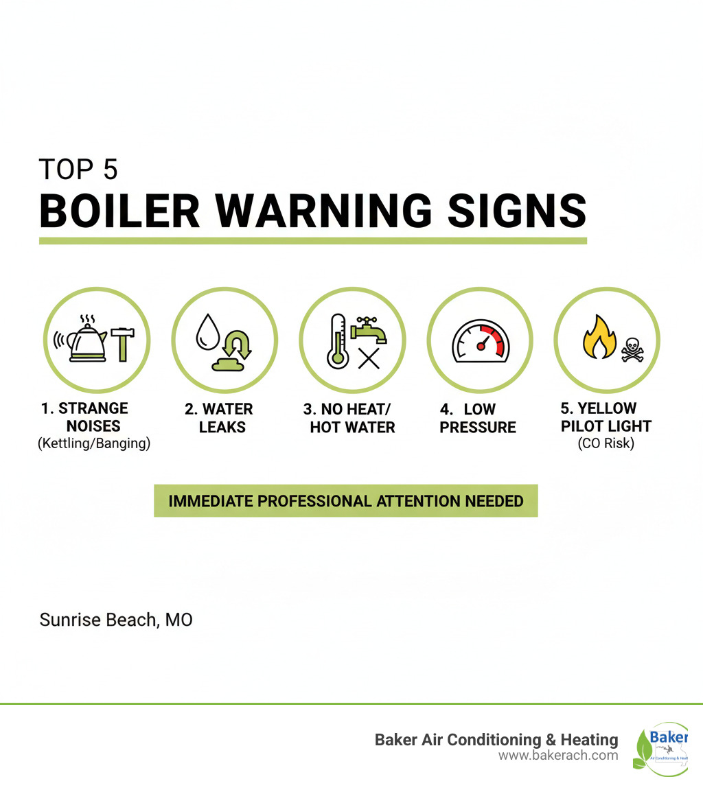Infographic showing the top 5 warning signs that indicate your boiler needs immediate professional attention: strange noises like kettling or banging, visible water leaks around the unit, no heat or hot water production, low pressure gauge readings, and yellow pilot light flames indicating potential carbon monoxide risks - boiler repair sunrise beach mo infographic Infographic showing the top 5 warning signs that indicate your boiler needs immediate professional attention: strange noises like kettling or banging, visible water leaks around the unit, no heat or hot water production, low pressure gauge readings, and yellow pilot light flames indicating potential carbon monoxide risks - boiler repair sunrise beach mo infographic