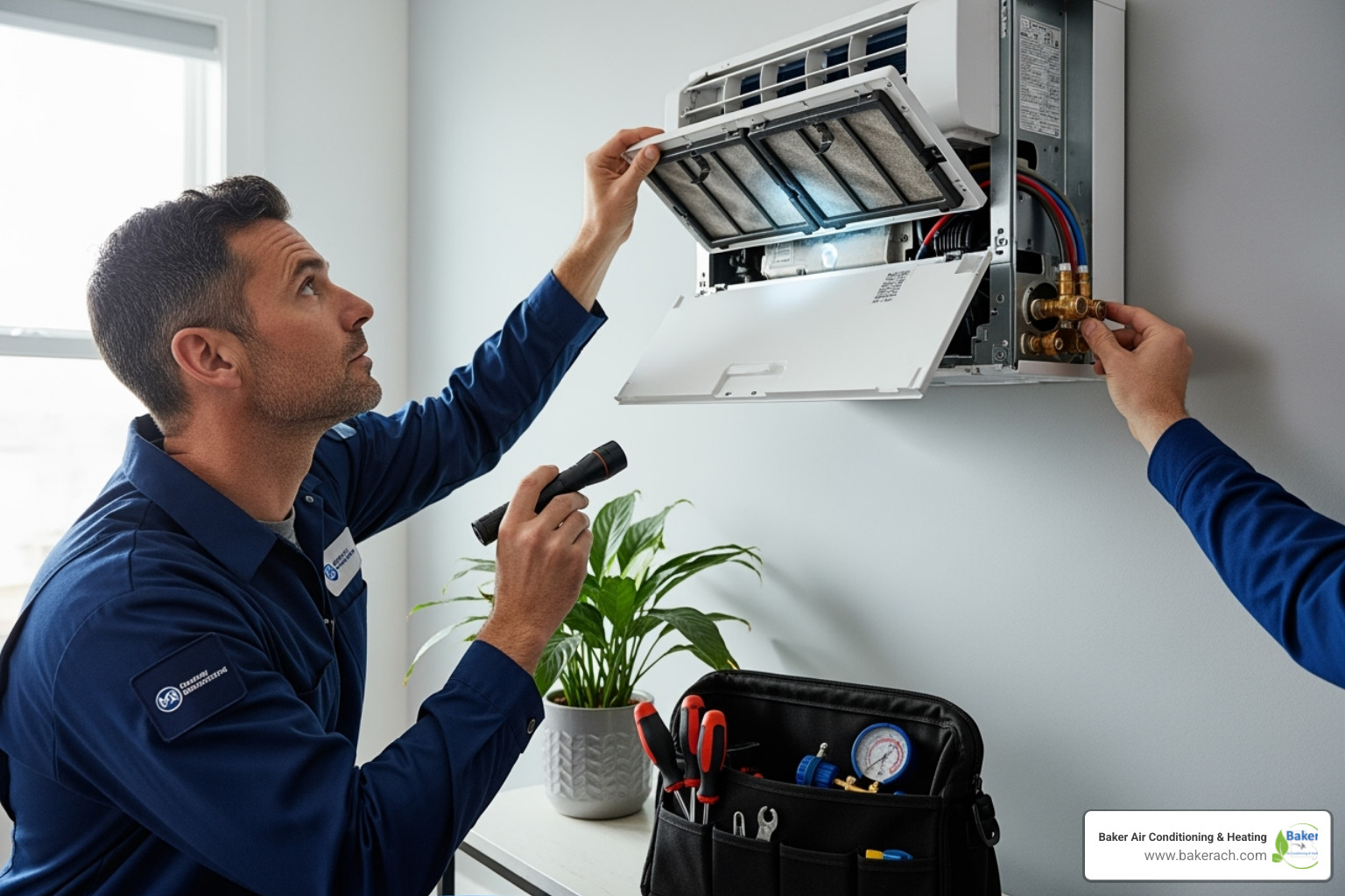 HVAC technician inspecting an indoor ductless mini-split unit, checking filters and connections - ductless ac repair lake ozark HVAC technician inspecting an indoor ductless mini-split unit, checking filters and connections - ductless ac repair lake ozark