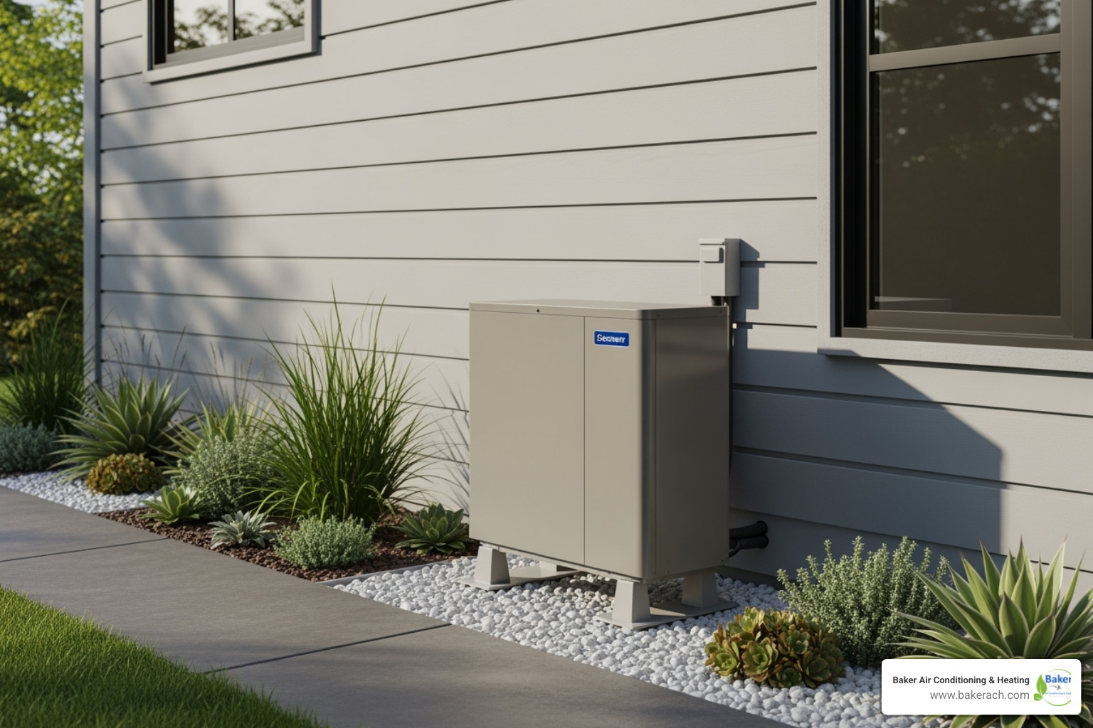 Outdoor ductless mini-split condenser unit positioned neatly beside a modern home - ductless ac repair lake ozark Outdoor ductless mini-split condenser unit positioned neatly beside a modern home - ductless ac repair lake ozark