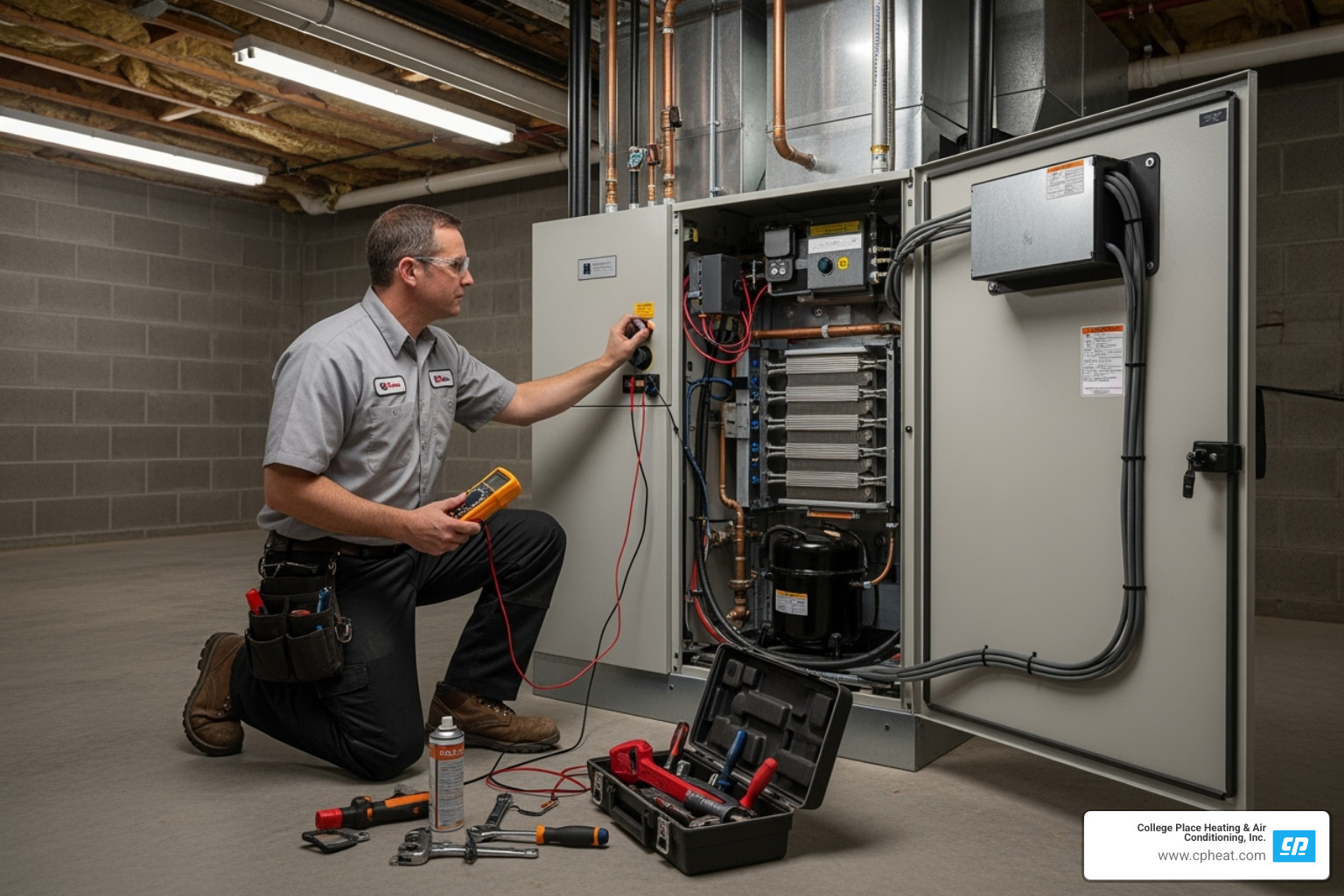 technician performing maintenance on an indoor geothermal unit - geothermal cooling installation walla walla wa