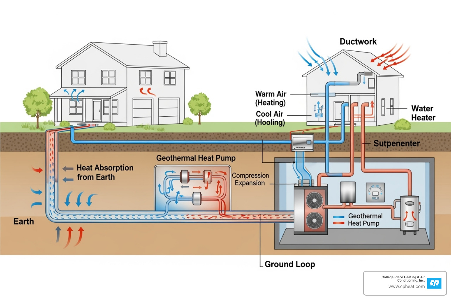 diagram showing a geothermal ground loop system connected to a house - geothermal cooling installation walla walla wa