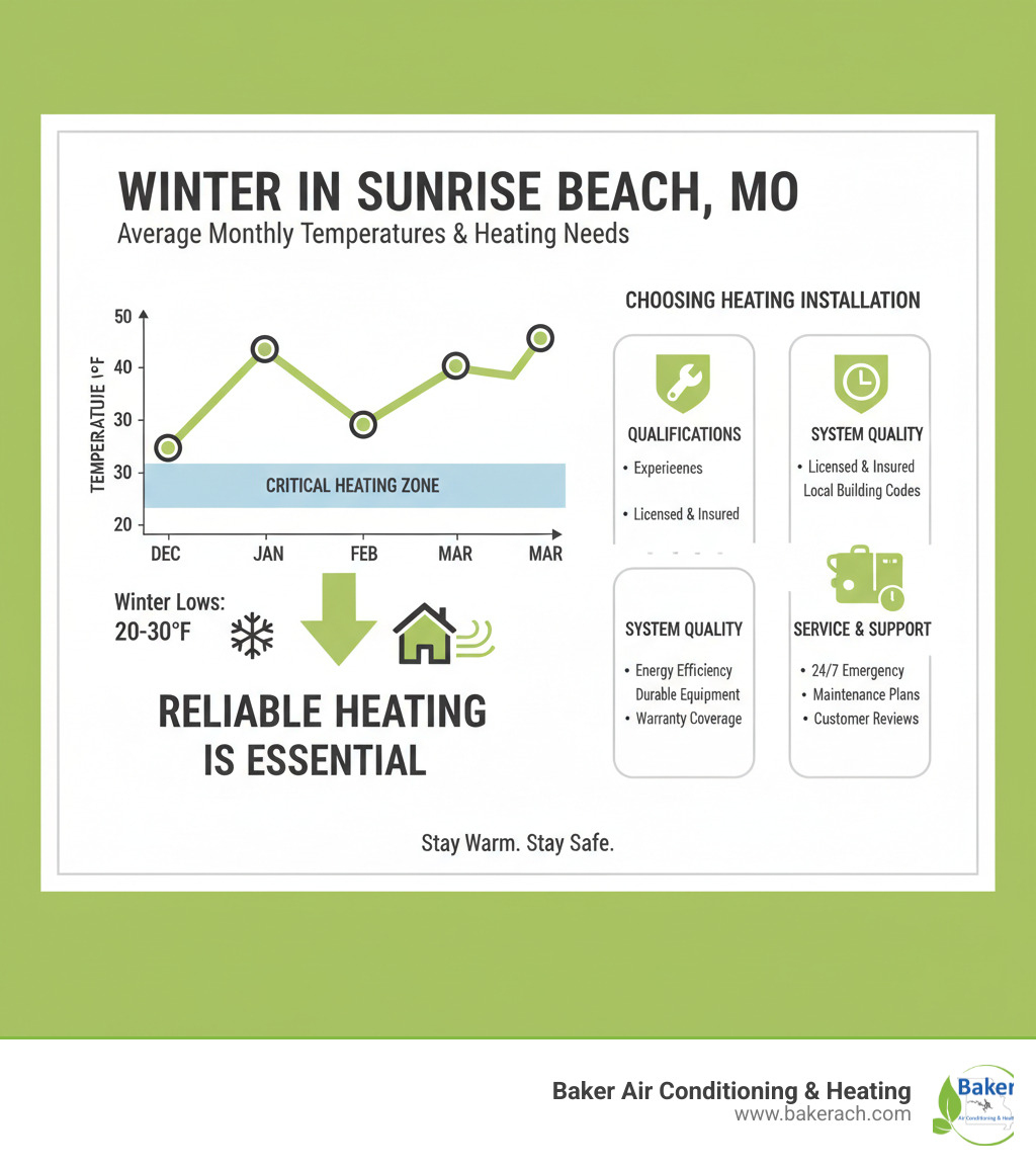 Comprehensive infographic showing average monthly temperatures in Sunrise Beach MO from December through March, highlighting the need for reliable heating systems during winter months when temperatures drop to 20-30°F, along with key factors homeowners should consider when choosing heating installation services - heating installation sunrise beach mo infographic Comprehensive infographic showing average monthly temperatures in Sunrise Beach MO from December through March, highlighting the need for reliable heating systems during winter months when temperatures drop to 20-30°F, along with key factors homeowners should consider when choosing heating installation services - heating installation sunrise beach mo infographic