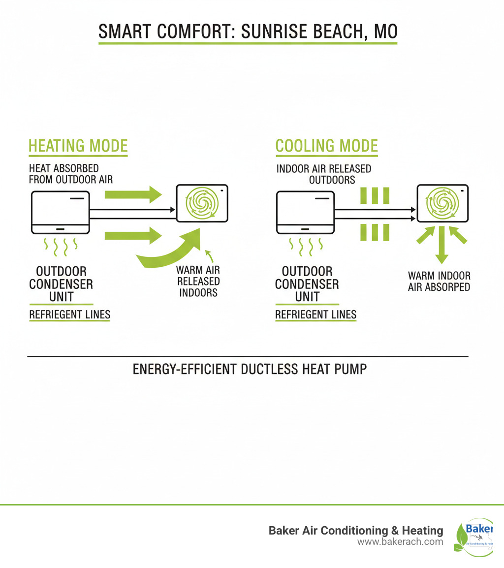 Detailed infographic showing how a ductless mini-split heat pump transfers heat from outdoor air to indoor spaces, with labeled components including outdoor condenser unit, indoor air handler, refrigerant lines, and arrows showing heat transfer process in both heating and cooling modes - energy efficient ductless system sunrise beach mo infographic 