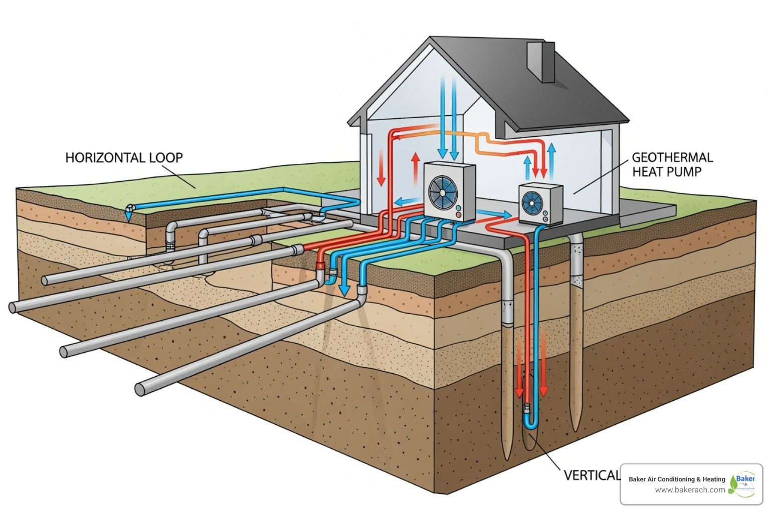 Diagram showing vertical and horizontal ground loop options for geothermal systems - geothermal contractor sunrise beach mo