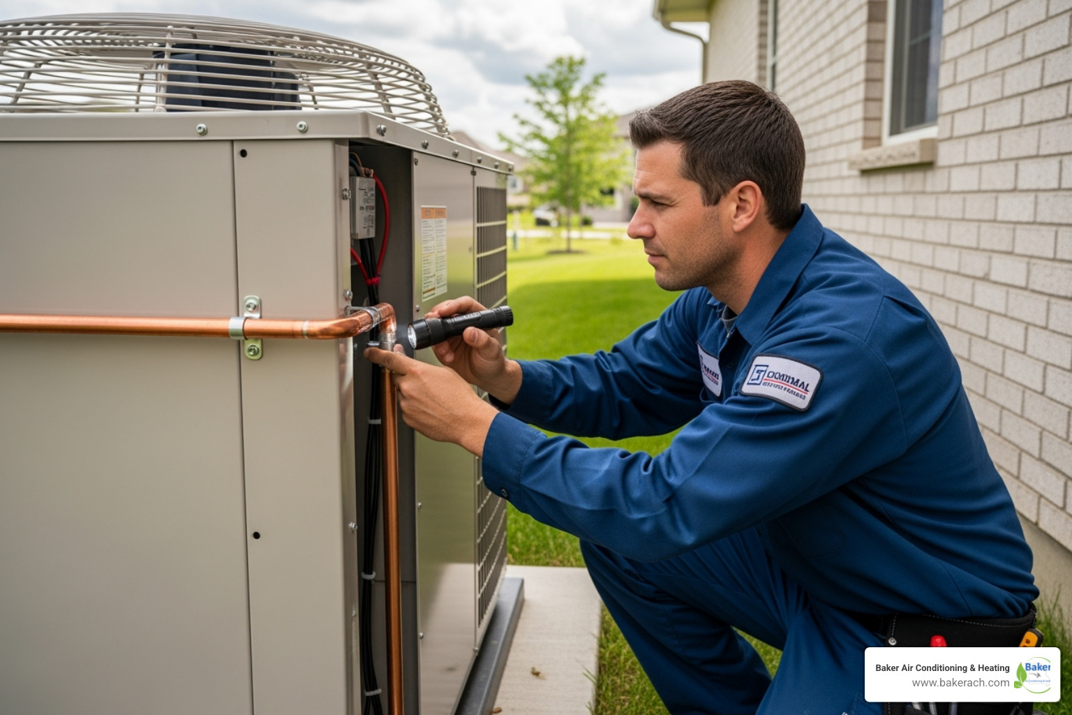 A professional HVAC technician inspecting an outdoor geothermal unit's connections - geothermal contractor sunrise beach mo
