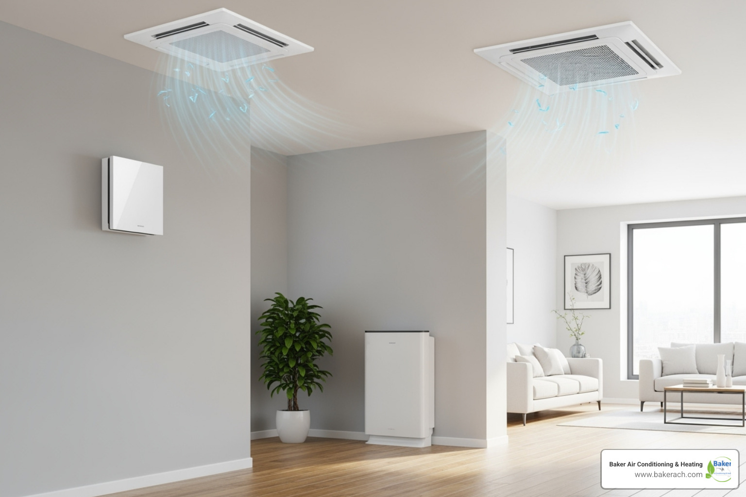 A graphic showcasing three different types of indoor ductless units: a sleek wall-mounted unit, a discreet floor-mounted unit, and a ceiling cassette unit integrated into the ceiling - energy efficient ductless system sunrise beach mo