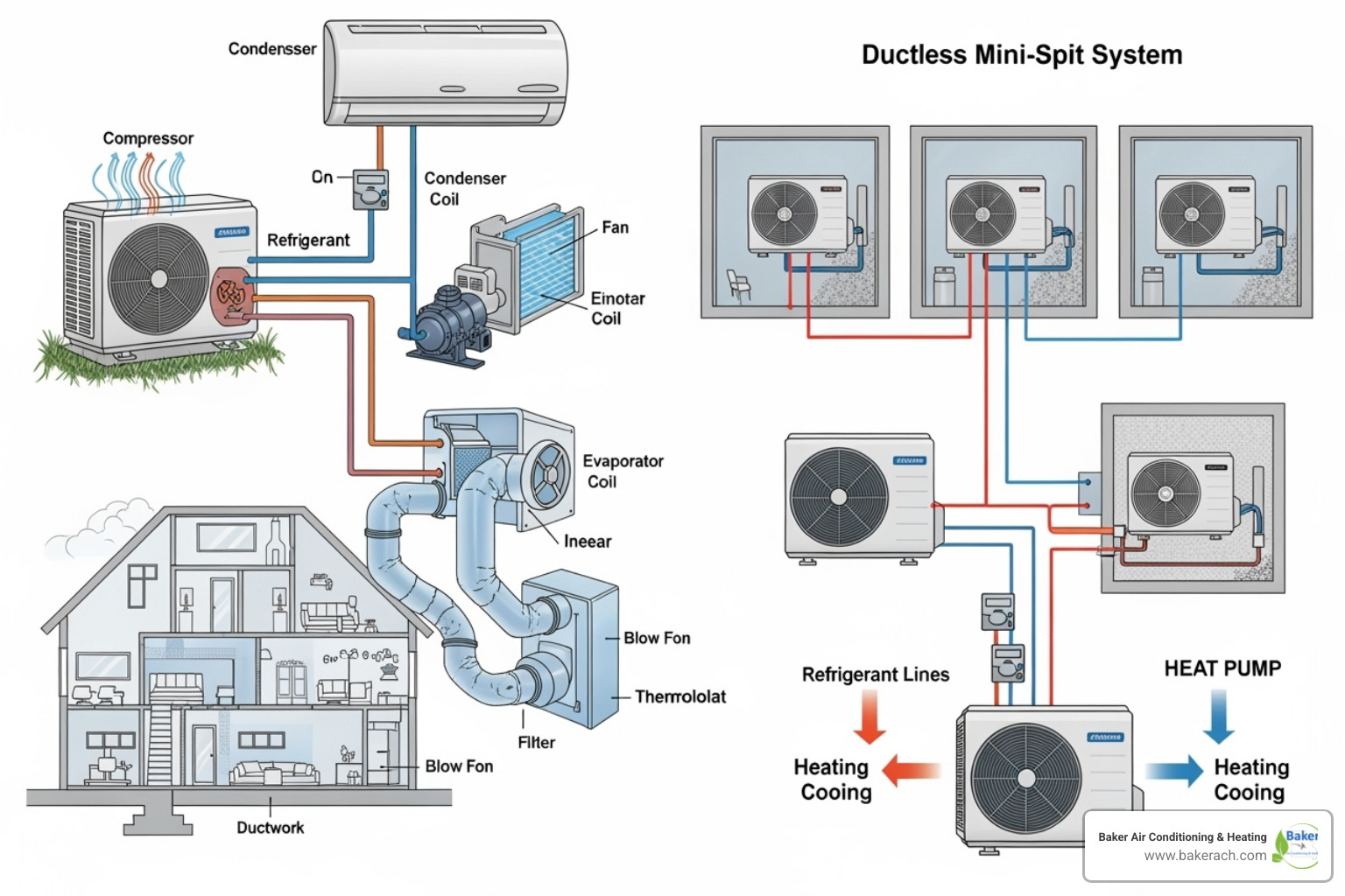 A diagram illustrating the components of a central air conditioning system, a ductless mini-split system with multiple indoor units, and a heat pump system, highlighting their differences - ac upgrade sunrise beach mo