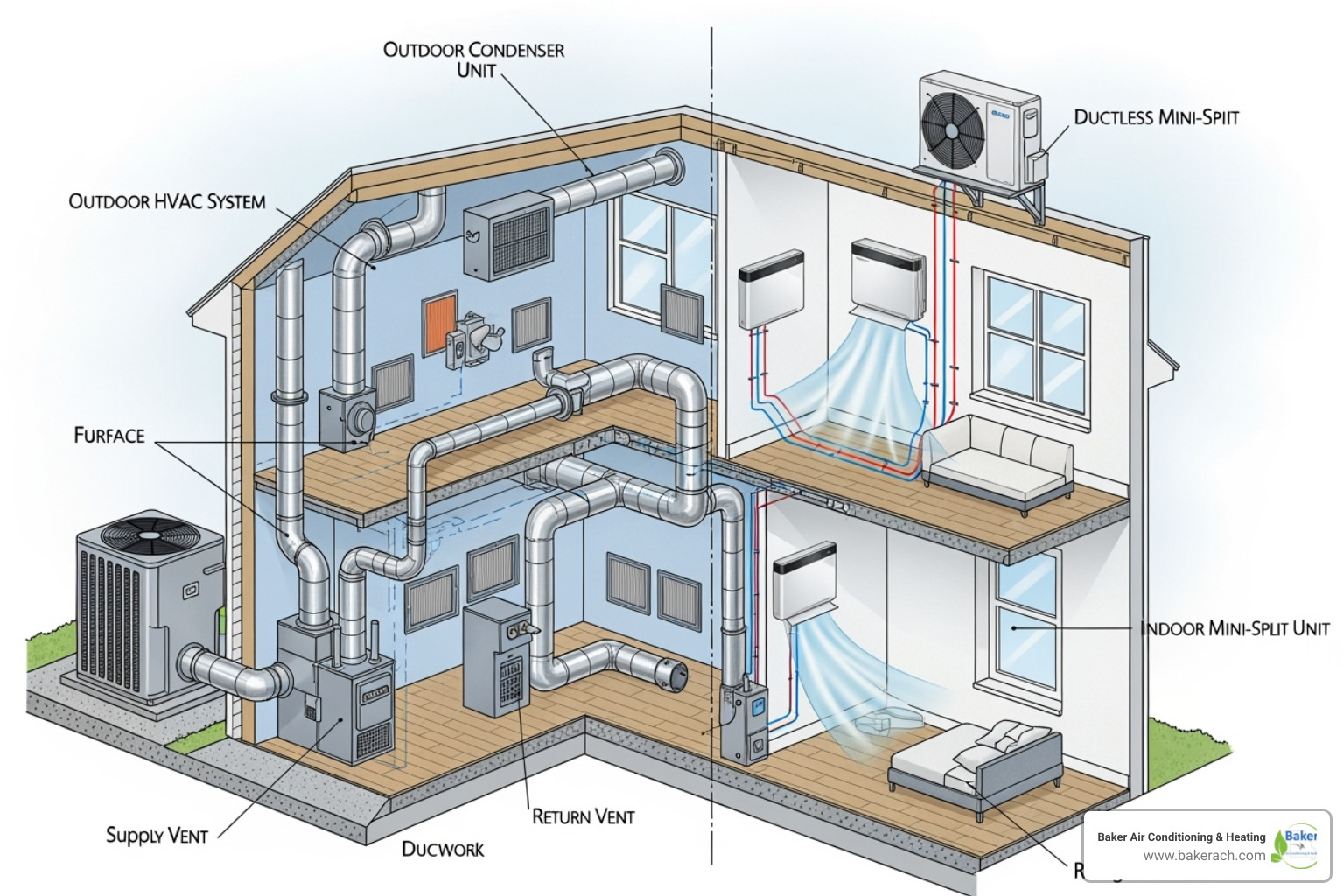 An illustration comparing a traditional central HVAC system with a large outdoor unit and extensive ductwork inside a house, versus a ductless mini-split system with a smaller outdoor unit and sleek wall-mounted indoor units without visible ducting - energy efficient ductless system sunrise beach mo